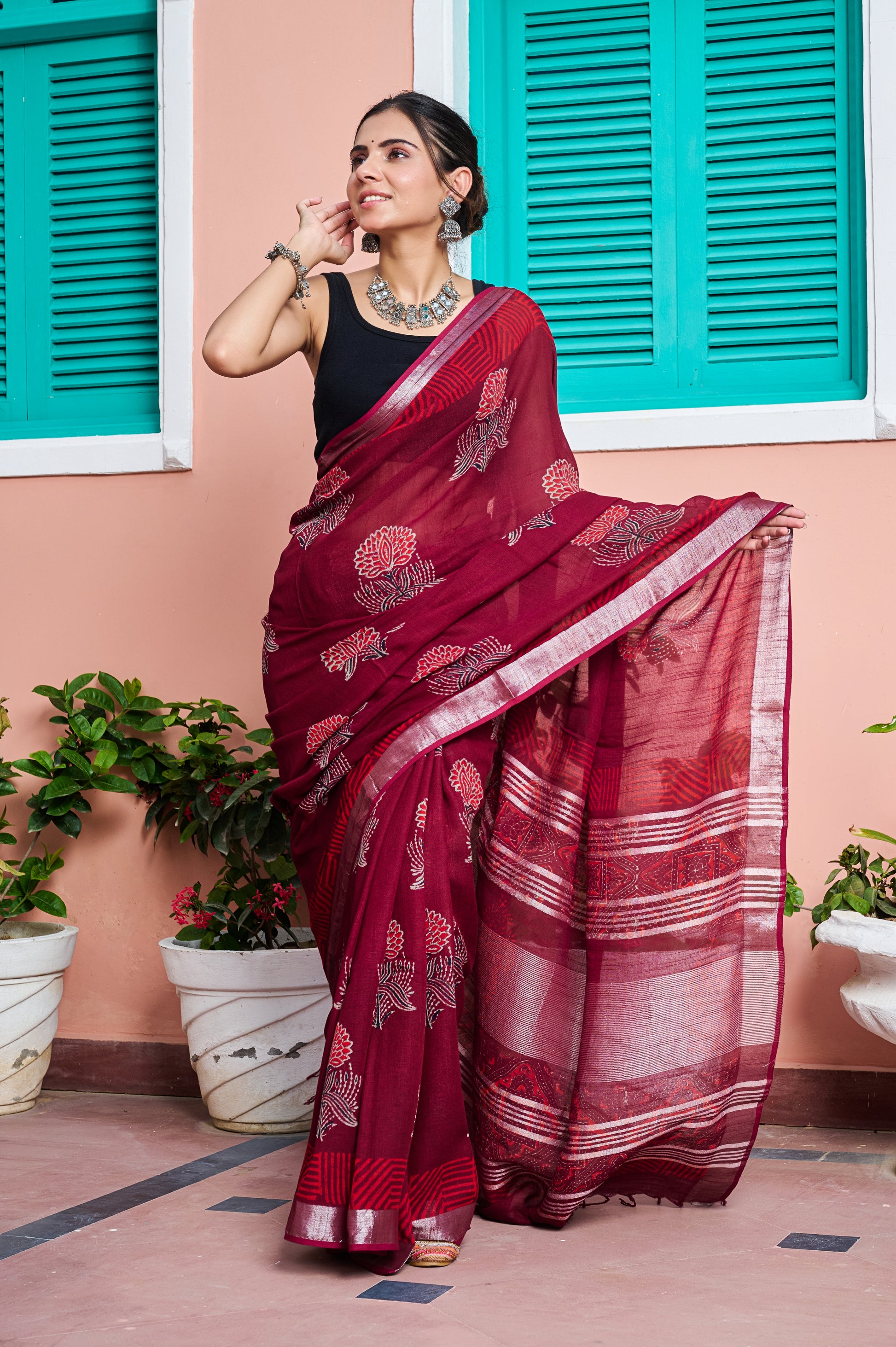 hand block linen cotton saree