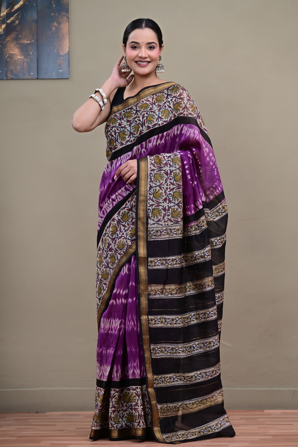 Meher Jamun Maheshwari handshibori saree front view