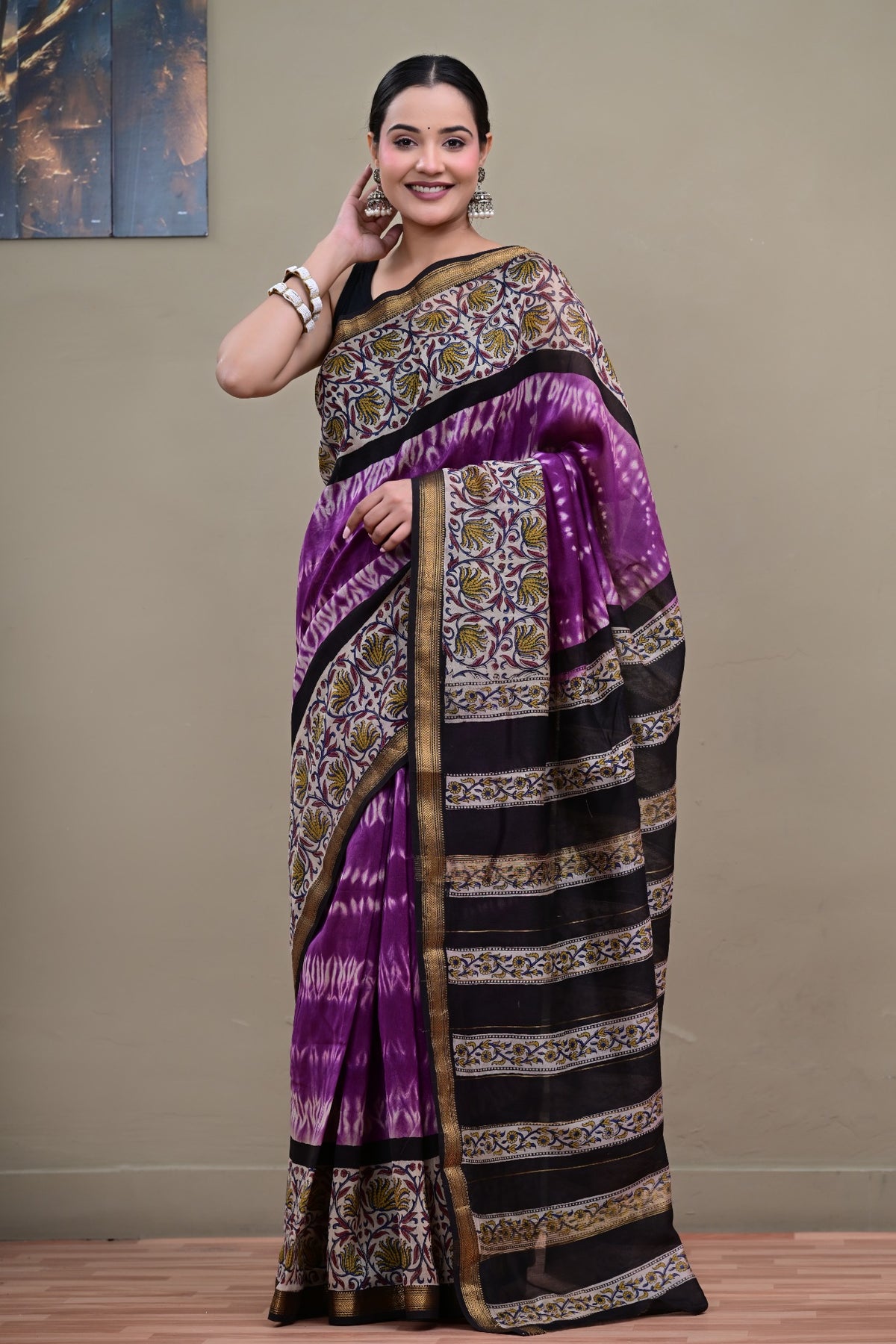 Meher Jamun Maheshwari handshibori saree front view