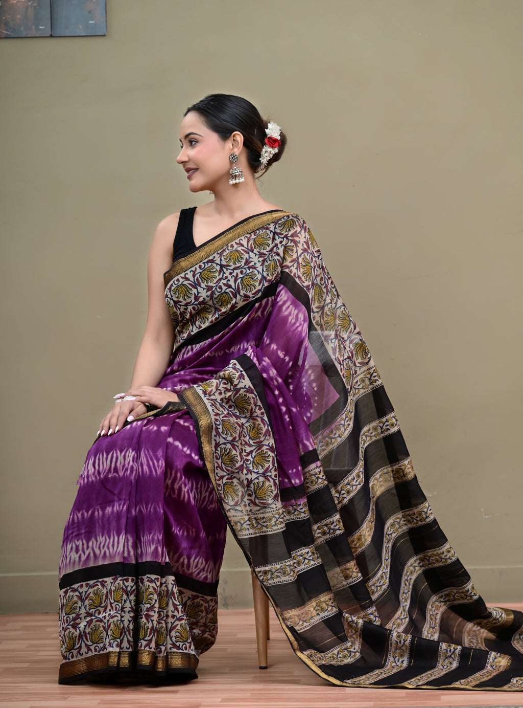 Meher Jamun Maheshwari saree seated view