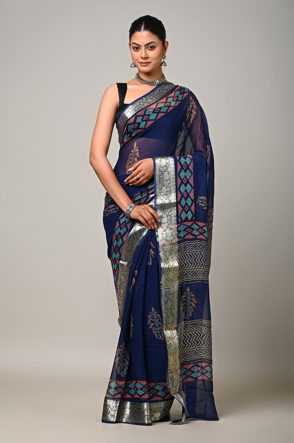 Neel Riwaaz navy handblock printed chiffon saree front view