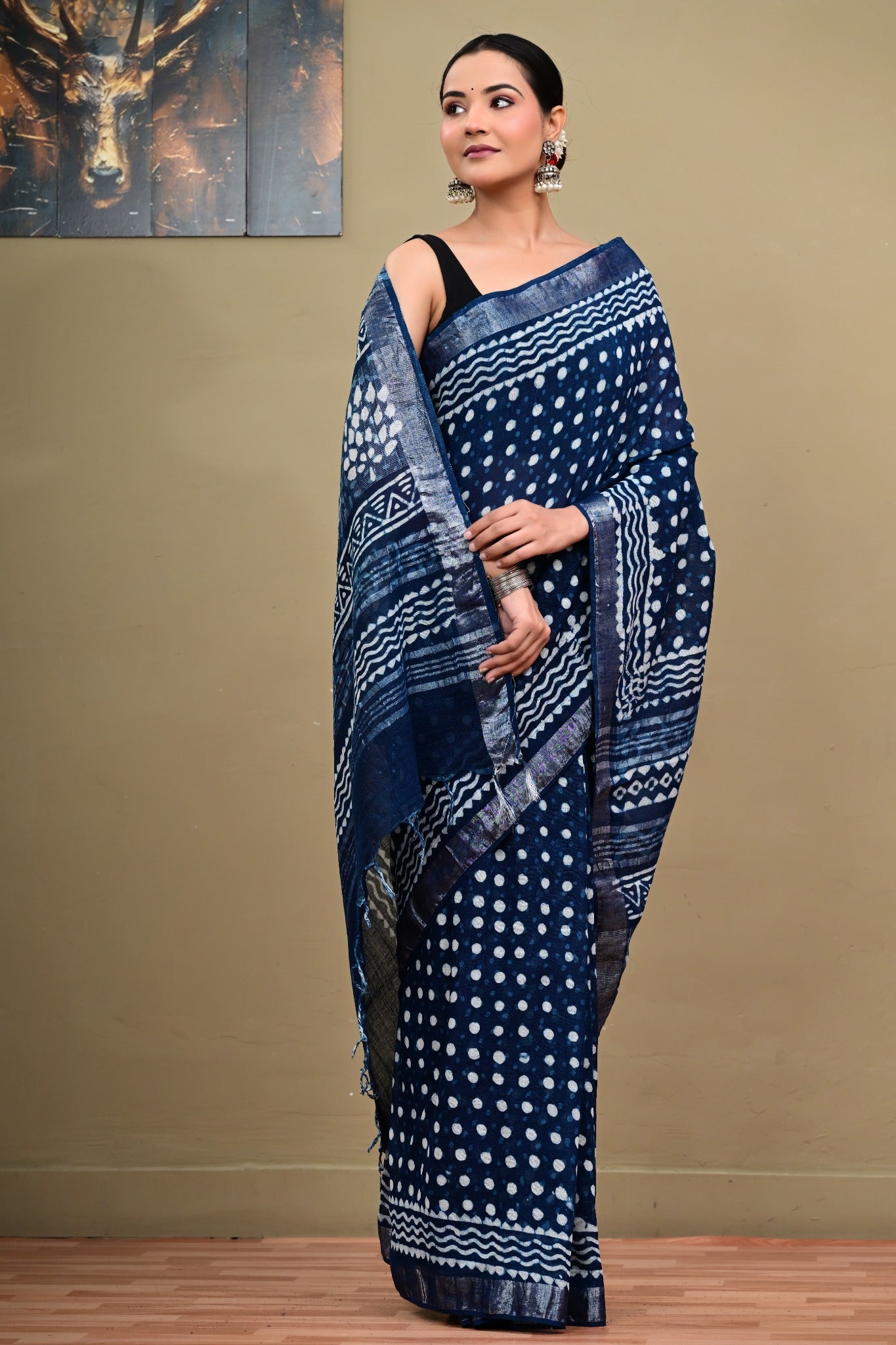 Neel Bindori handblock printed linen cotton saree