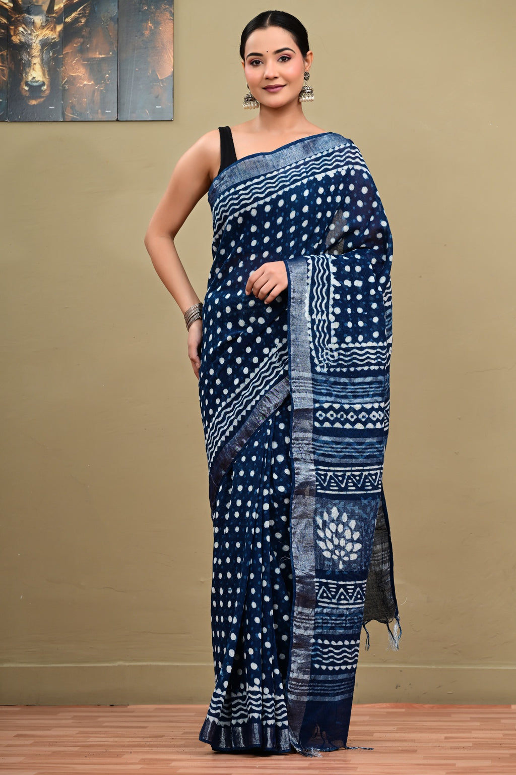 Neel Bindori handblock printed linen cotton saree full view