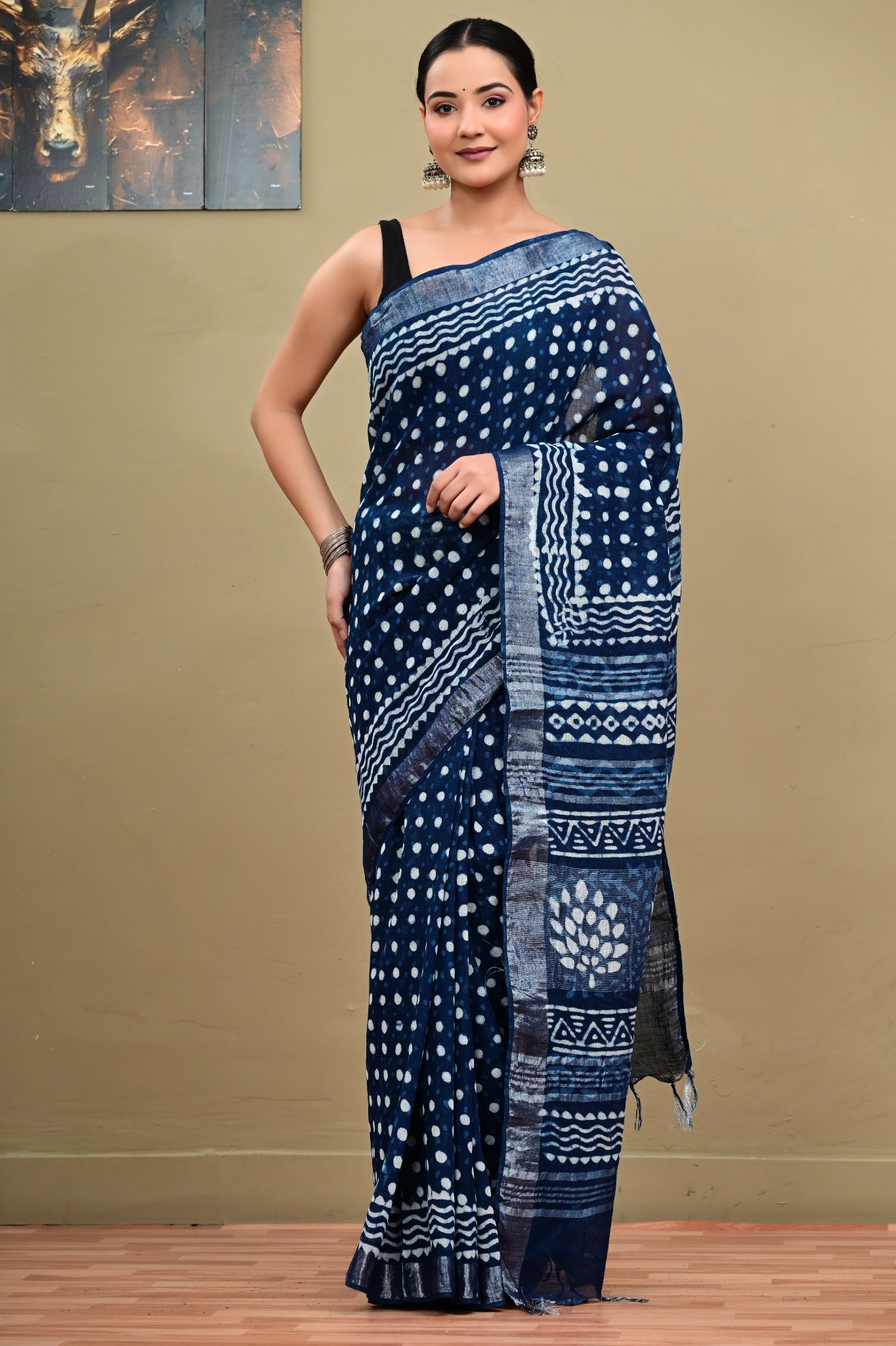 Neel Bindori handblock printed linen cotton saree full view