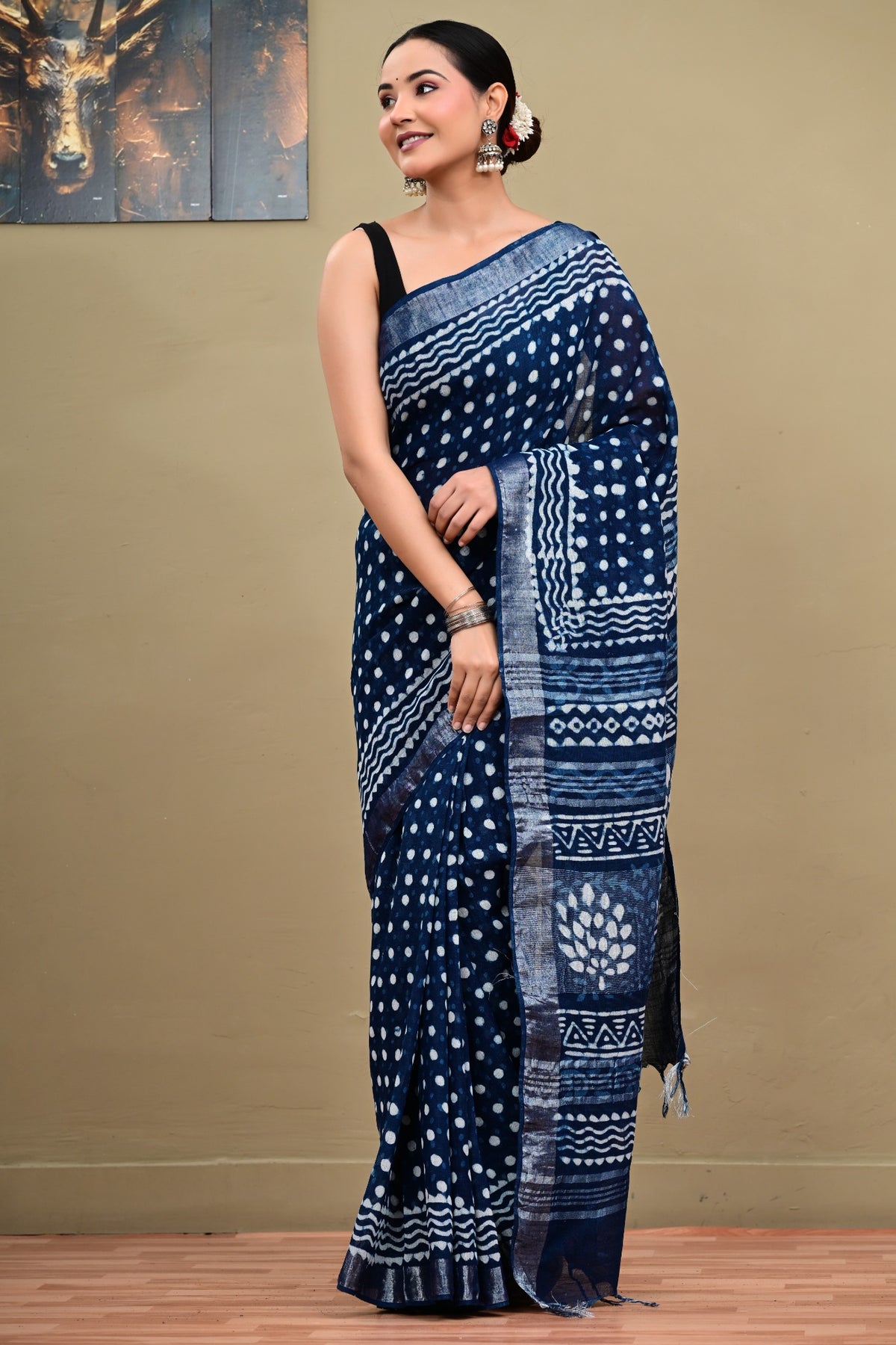 Neel Bindori indigo polka handblock linen saree
