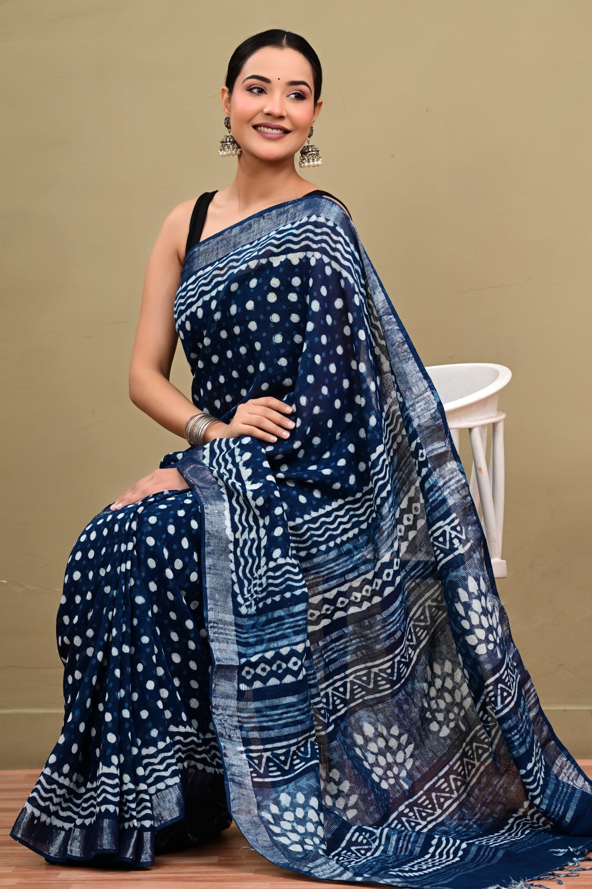 Neel Bindori linen cotton handblock printed saree seated view