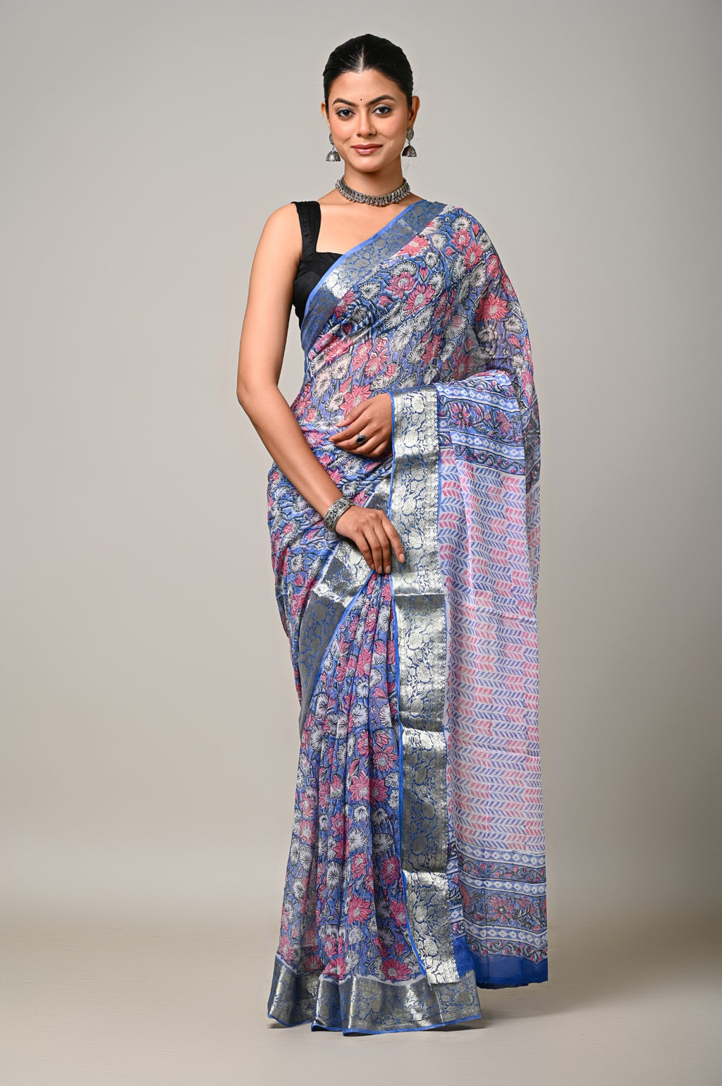 Neel Gul blue pink handblock printed chiffon saree front view