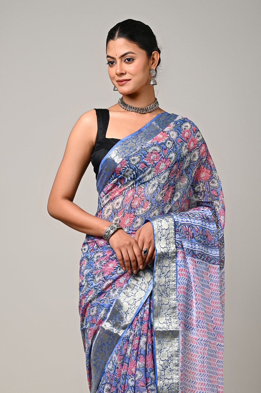 Neel Gul blue pink floral chiffon saree close view