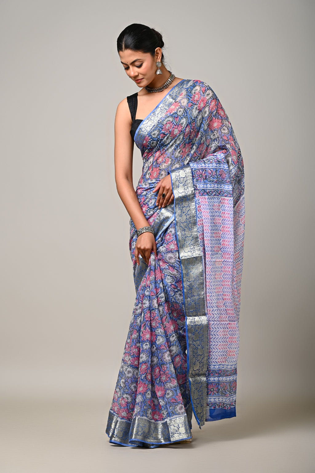Neel Gul handblock printed chiffon saree drape and pallu view