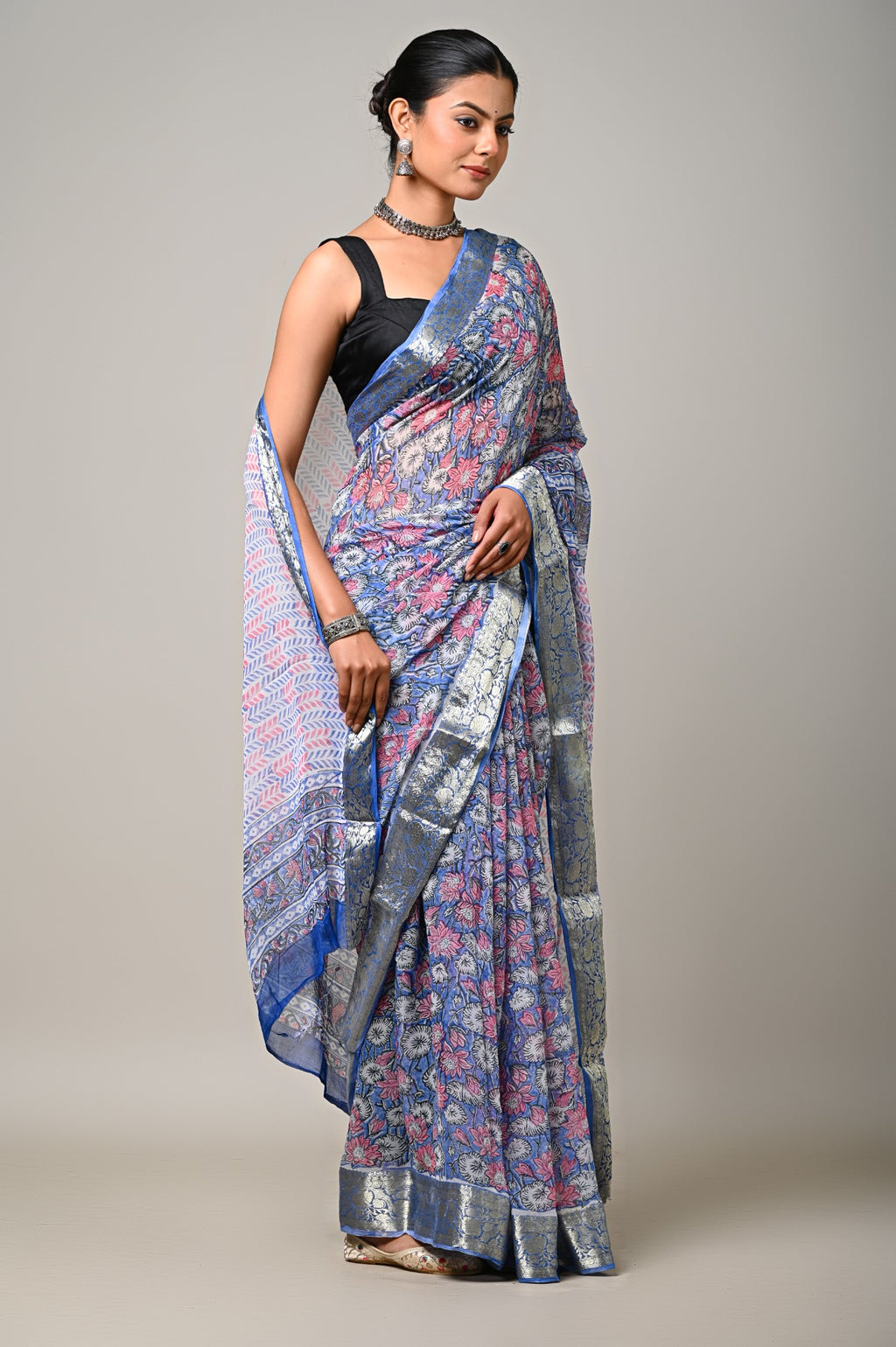Neel Gul blue chiffon saree full length view with zari border
