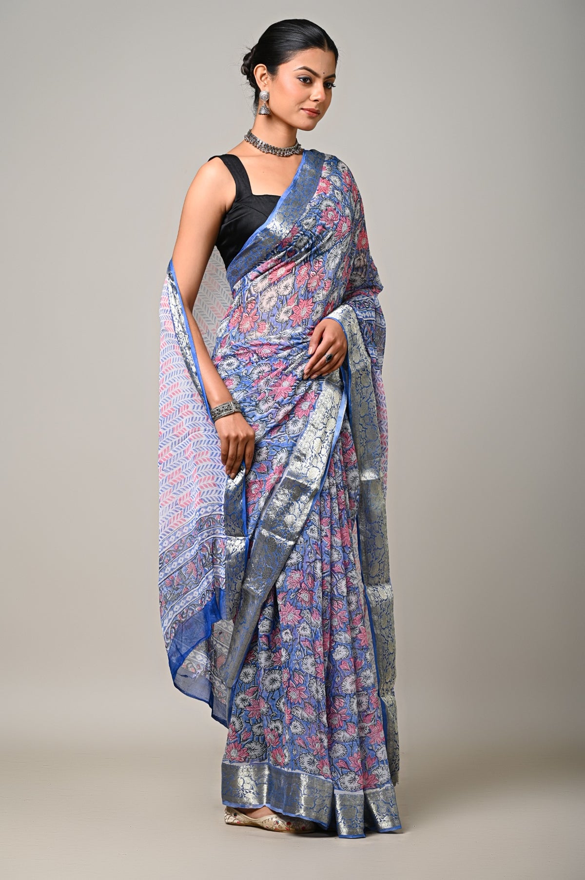 Neel Gul blue chiffon saree full length view with zari border