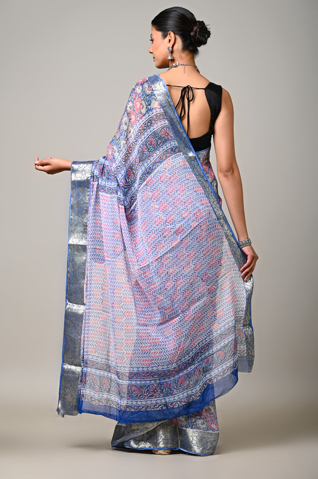 Neel Gul blue pink chiffon saree full pallu back view