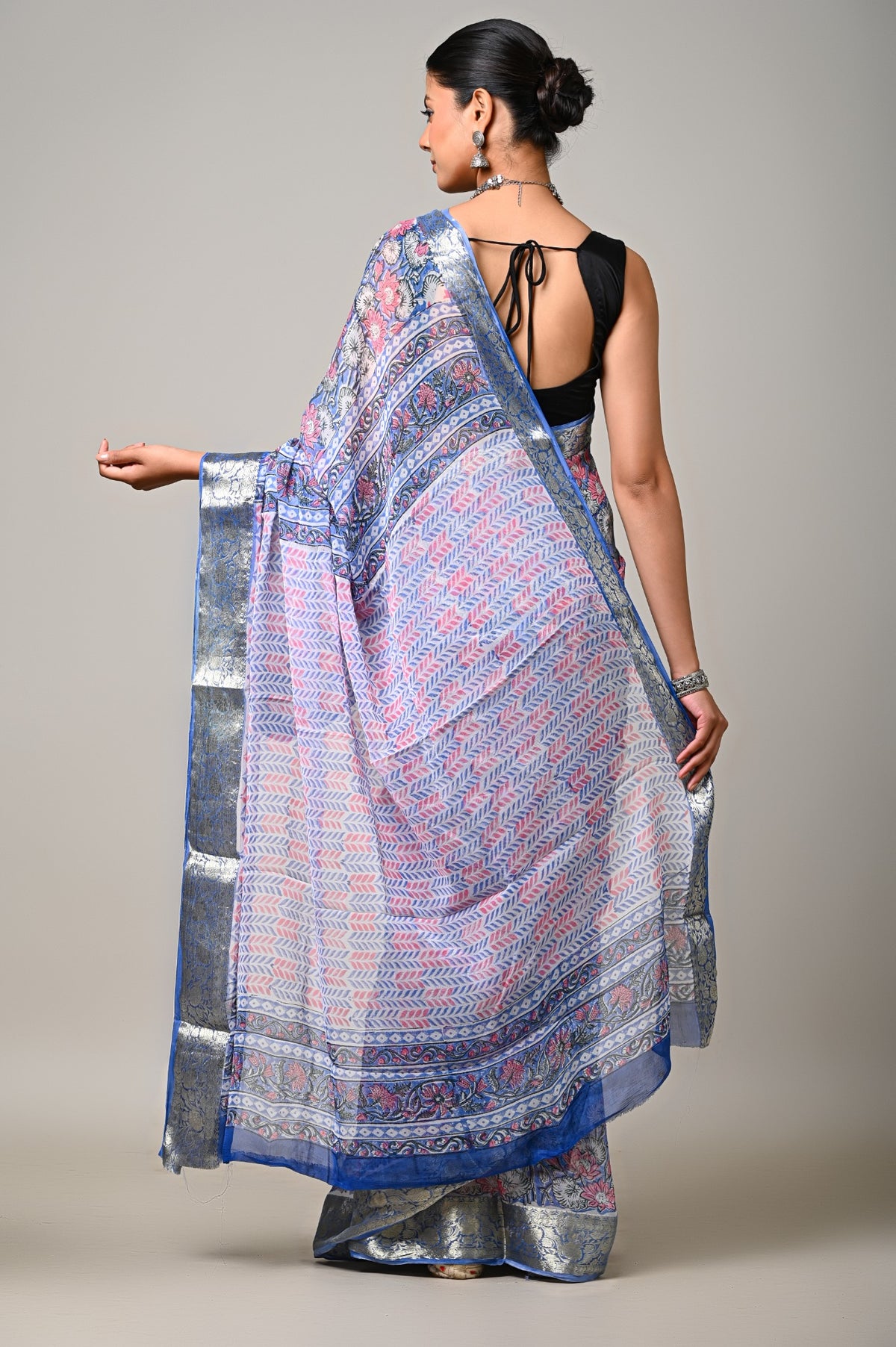 Neel Gul blue pink chiffon saree full pallu back view