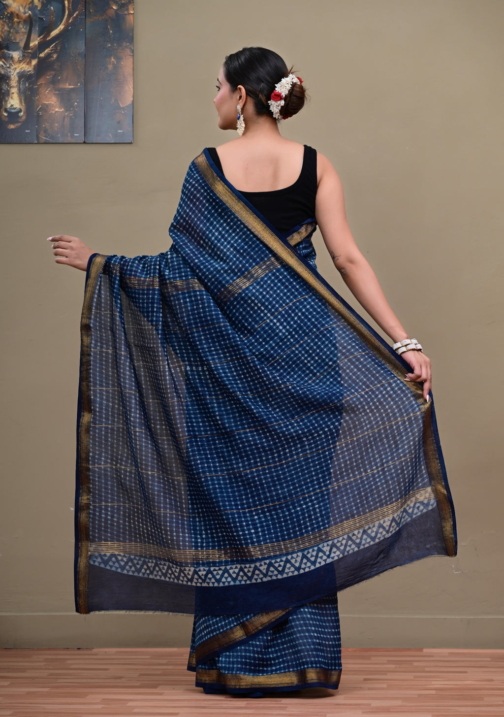 Neel Jharokha Maheshwari handblock printed saree full view
