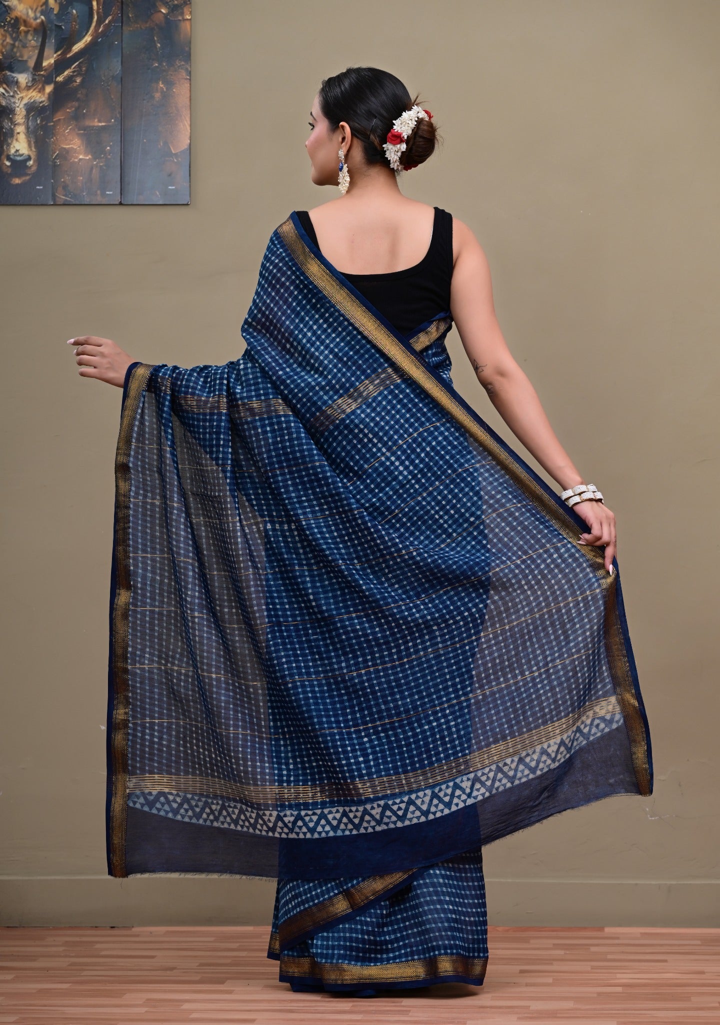 Neel Jharokha Maheshwari handblock printed saree full view