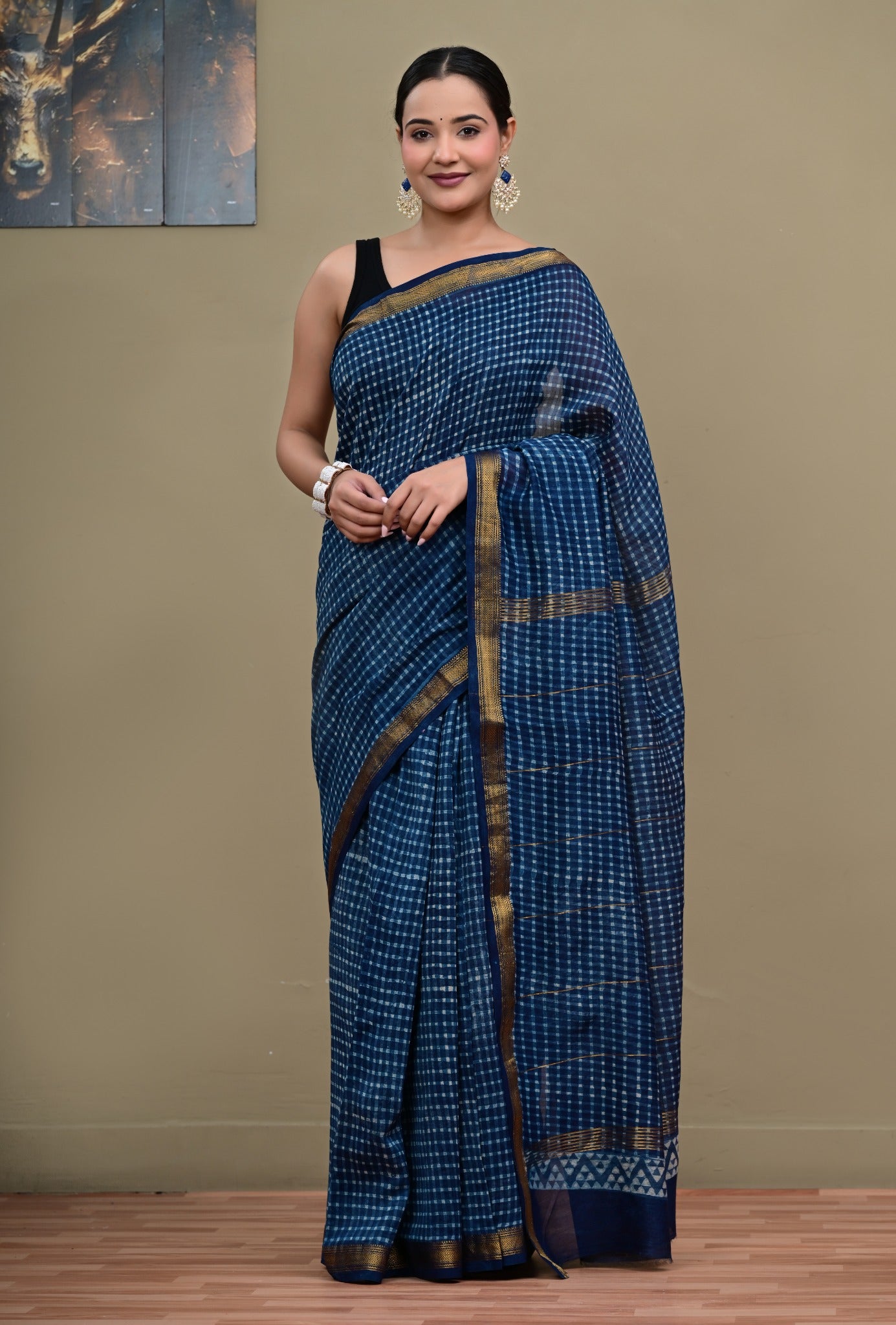 Neel Jharokha Maheshwari handblock printed saree pallu view