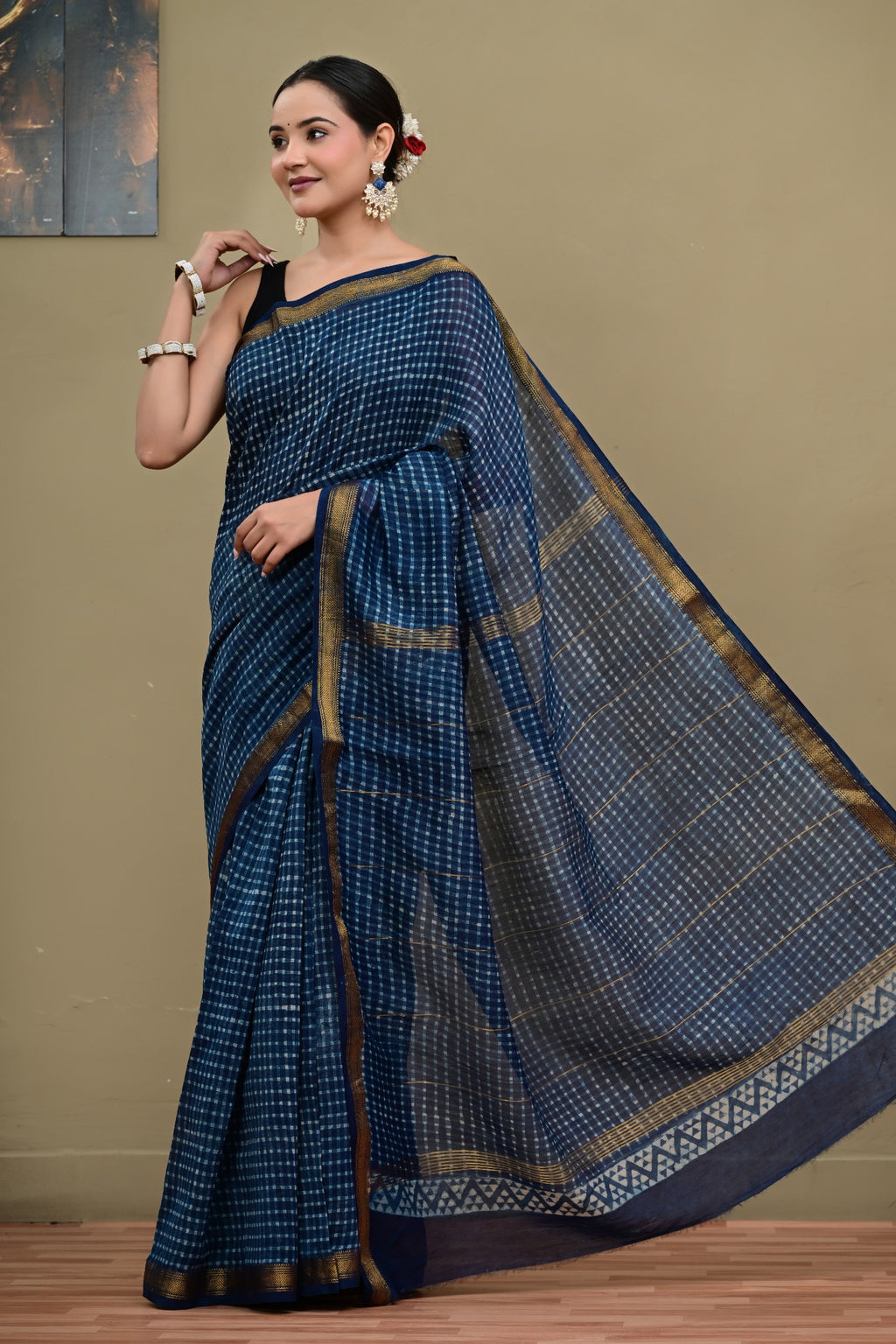 Neel Jharokha Maheshwari handblock printed saree front view