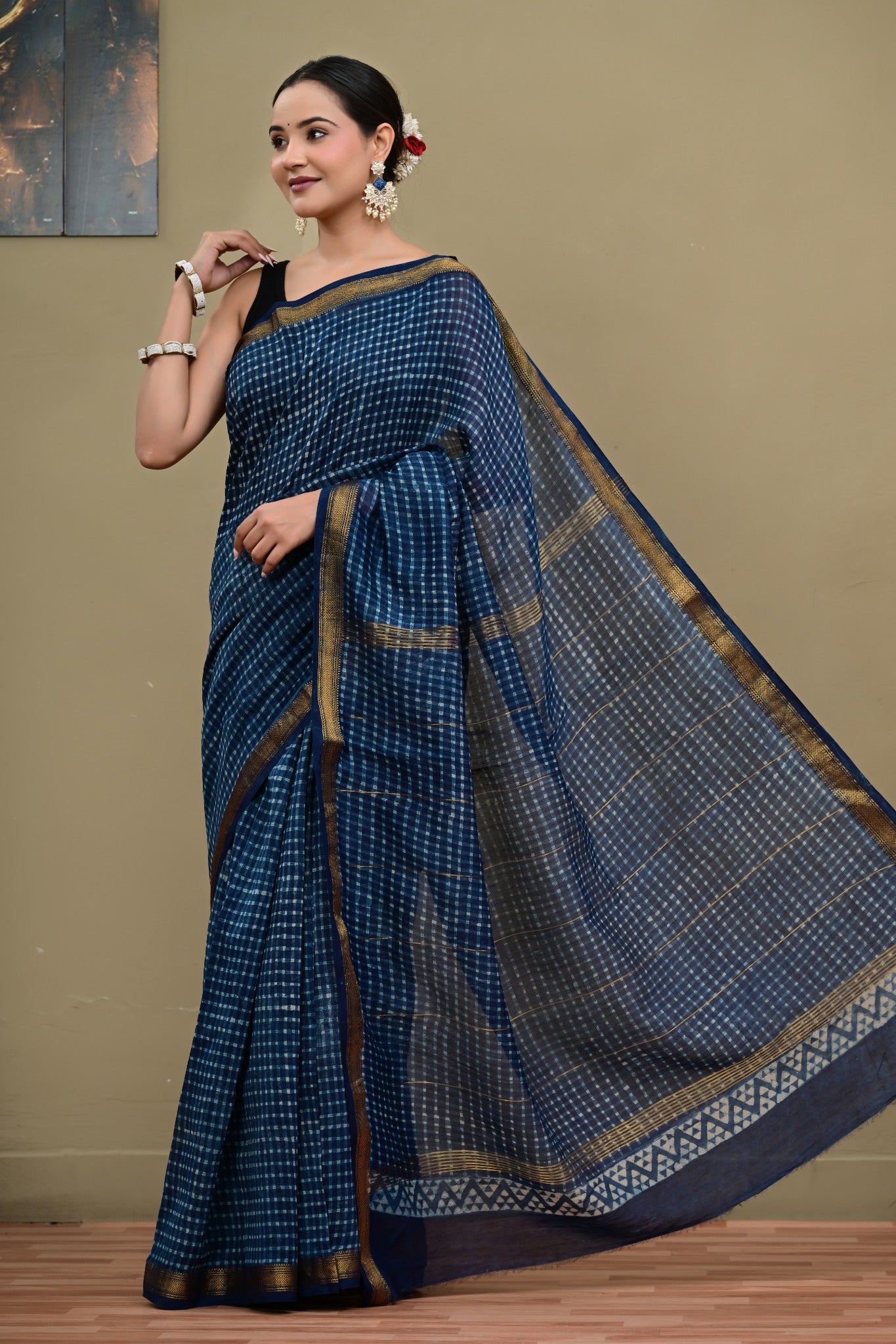 Neel Jharokha Maheshwari handblock printed saree front view