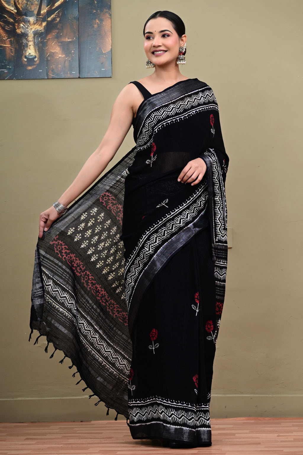 Black linen cotton handblock printed saree with red floral motifs