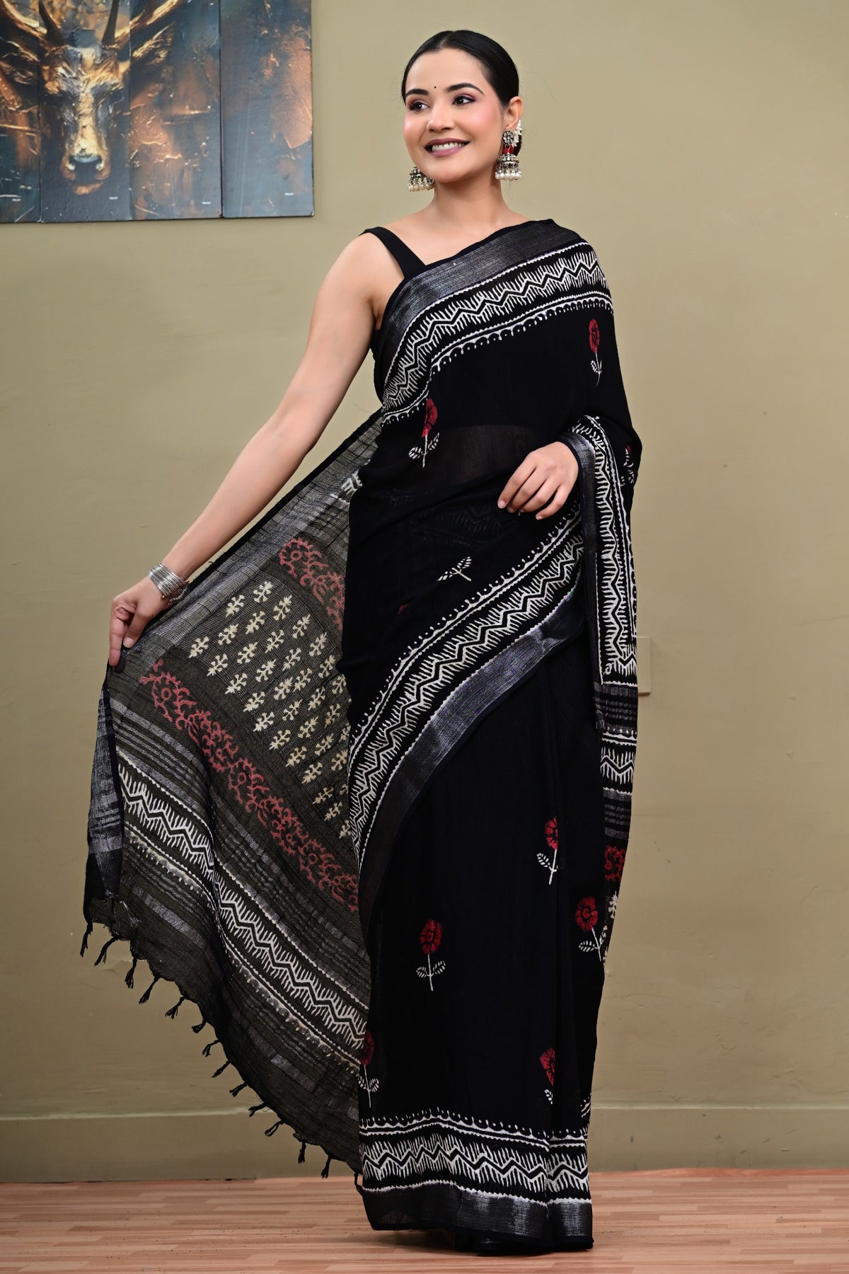 Black linen cotton handblock printed saree with red floral motifs