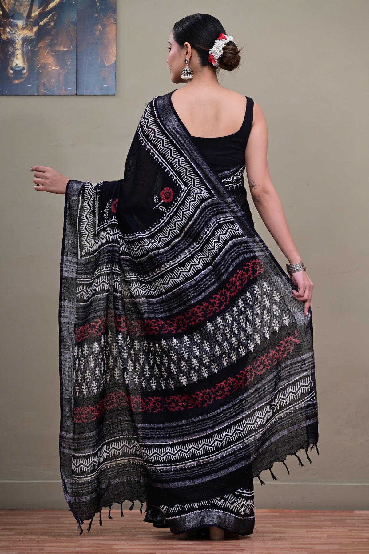 Black linen cotton handblock saree pallu back view
