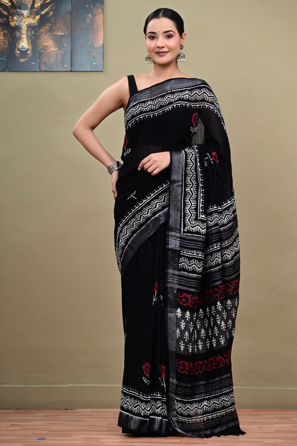 Black linen cotton handblock printed saree full view
