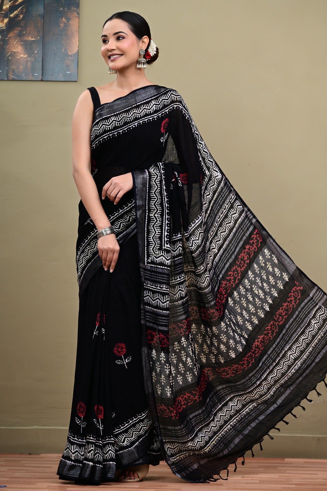 Noir Gulzar black linen cotton handblock printed saree front view