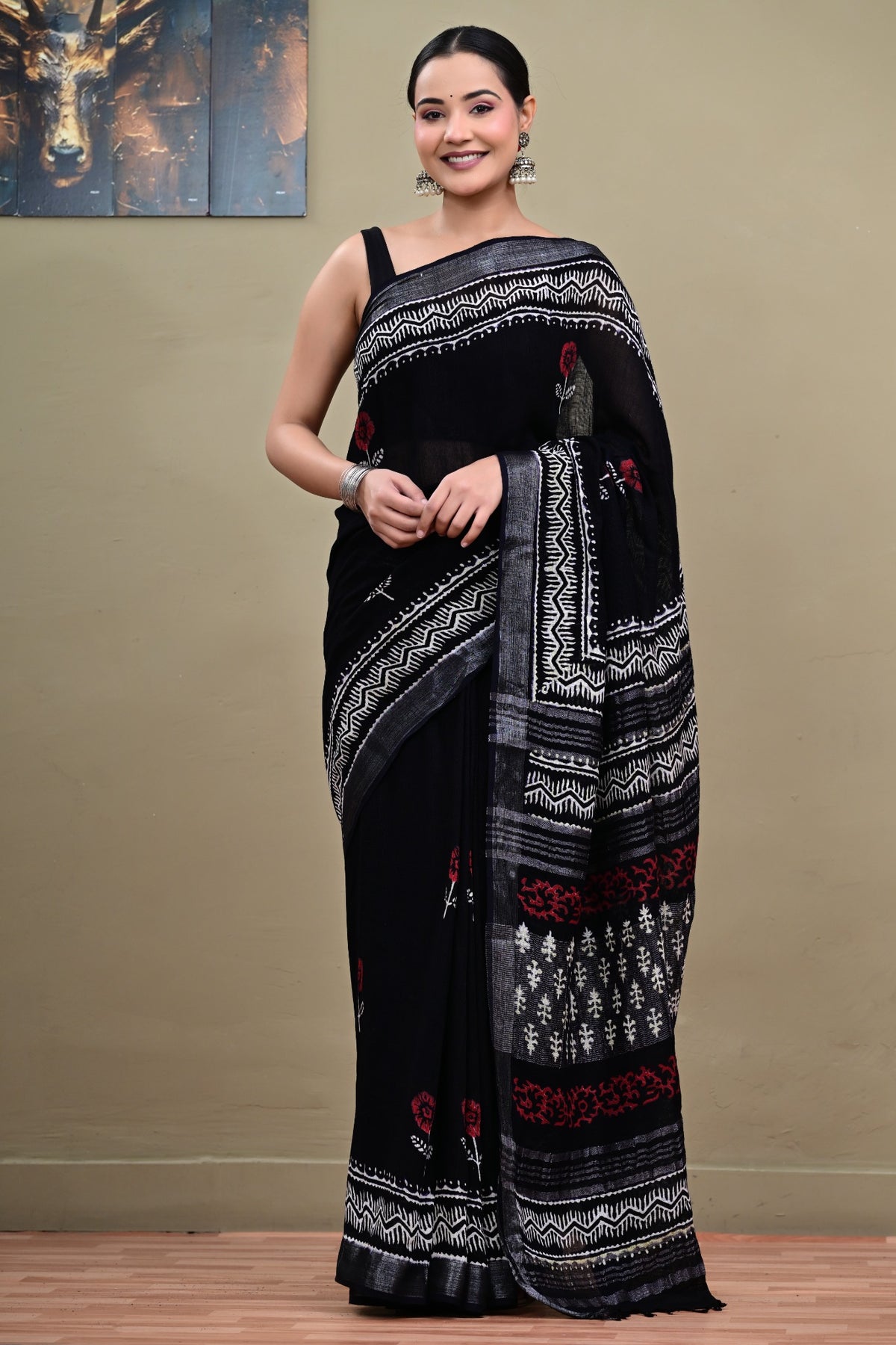 Noir Gulzar black red ivory handblock printed linen cotton saree