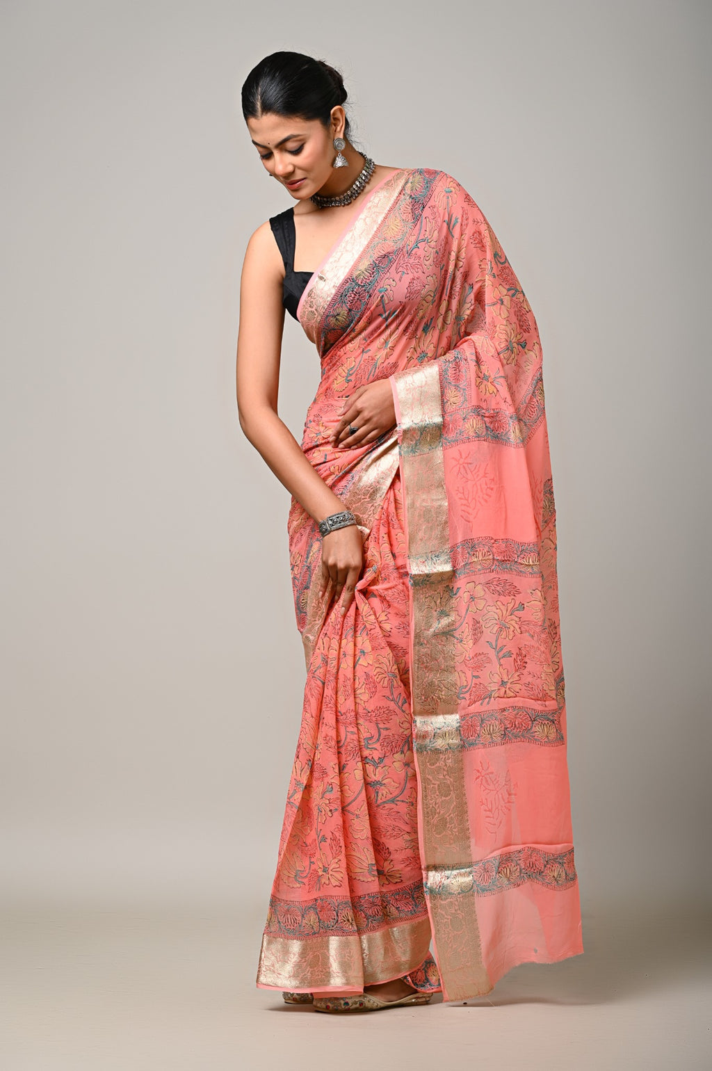 Peach Noor handblock printed chiffon saree drape view