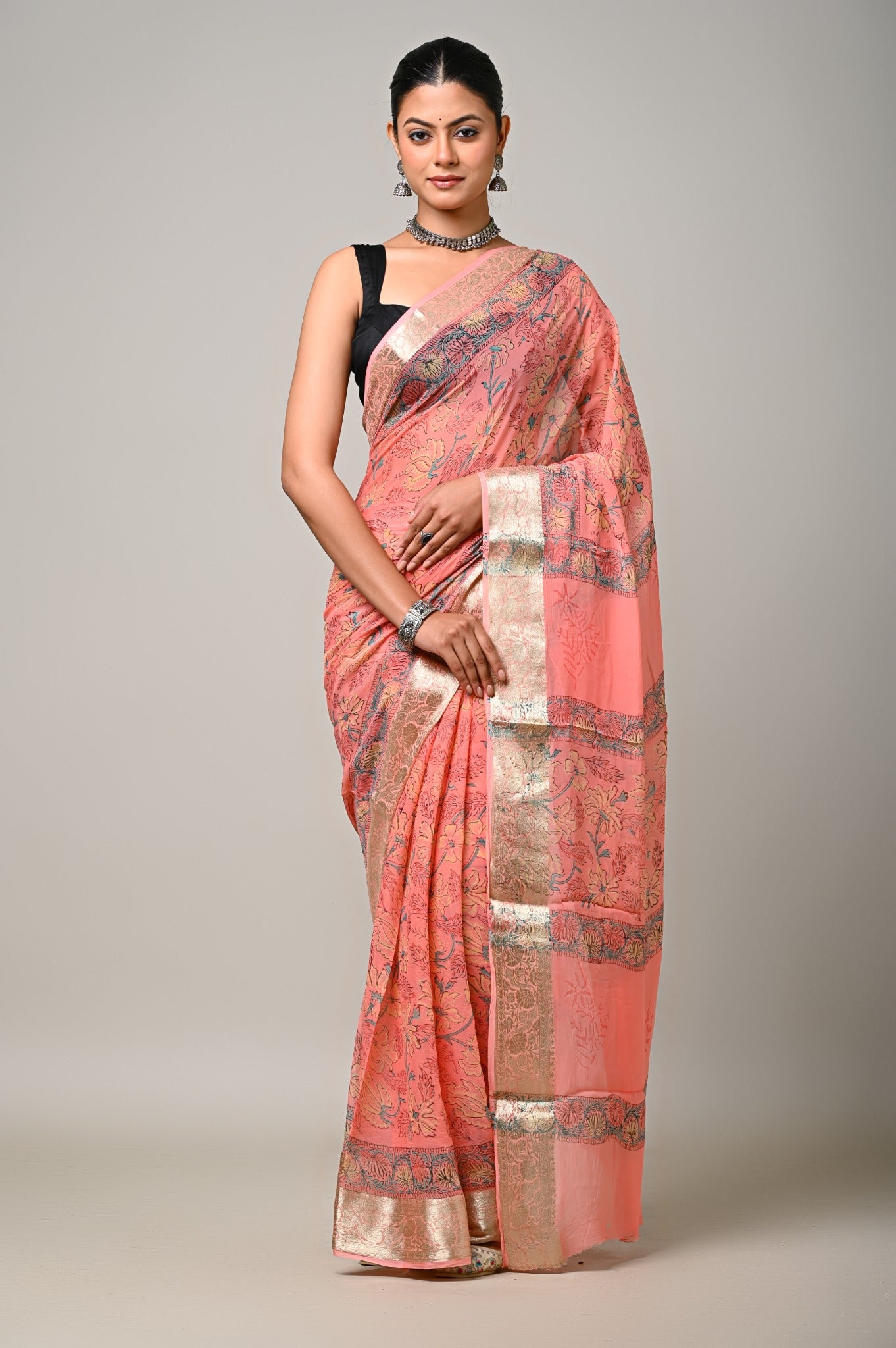 Peach Noor handblock printed chiffon saree full front view
