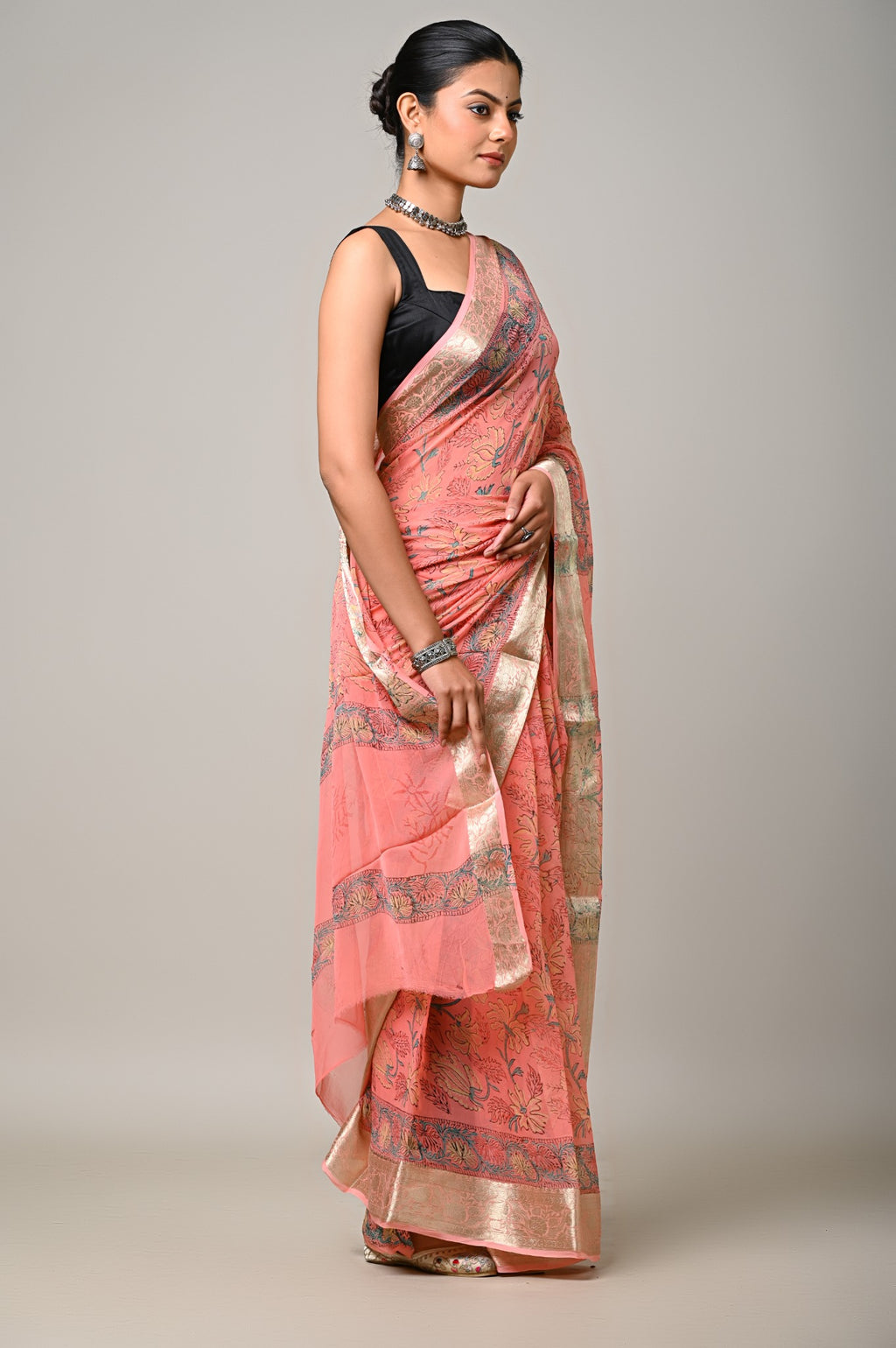 Peach Noor handblock printed chiffon saree side view