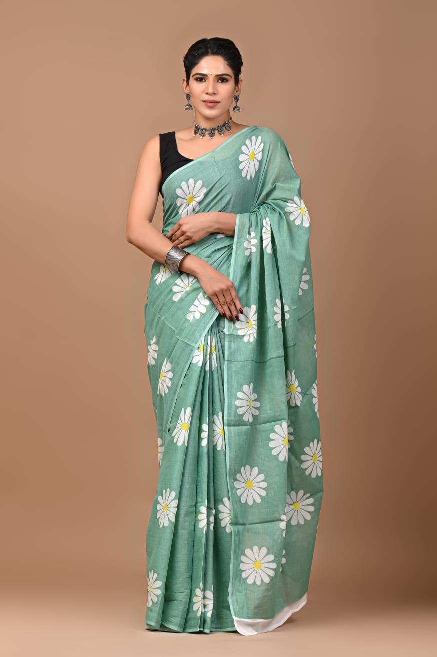 Jade Floral Mulmul Saree