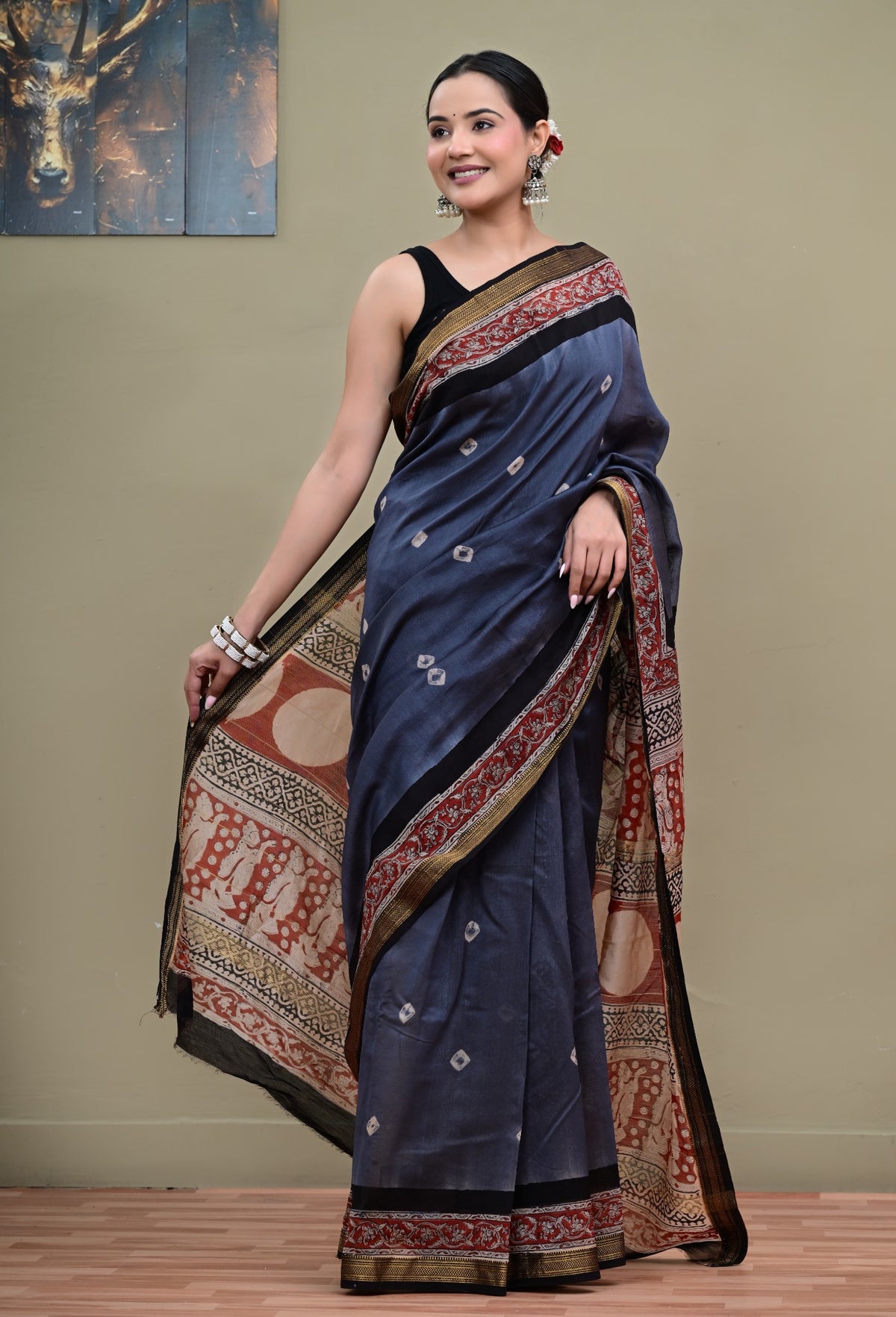 Shyam Katha Maheshwari cotton silk handshibori saree front view
