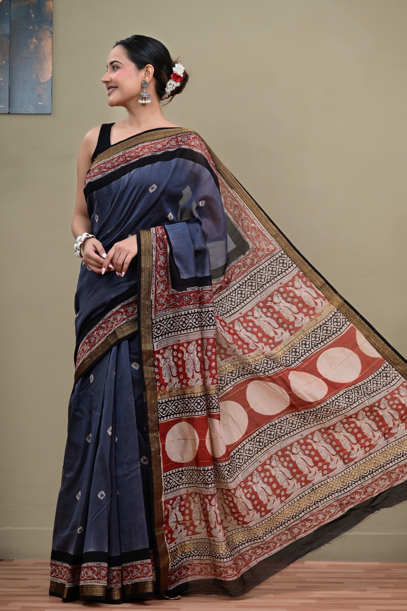 Shyam Katha Maheshwari saree handblock printed pallu