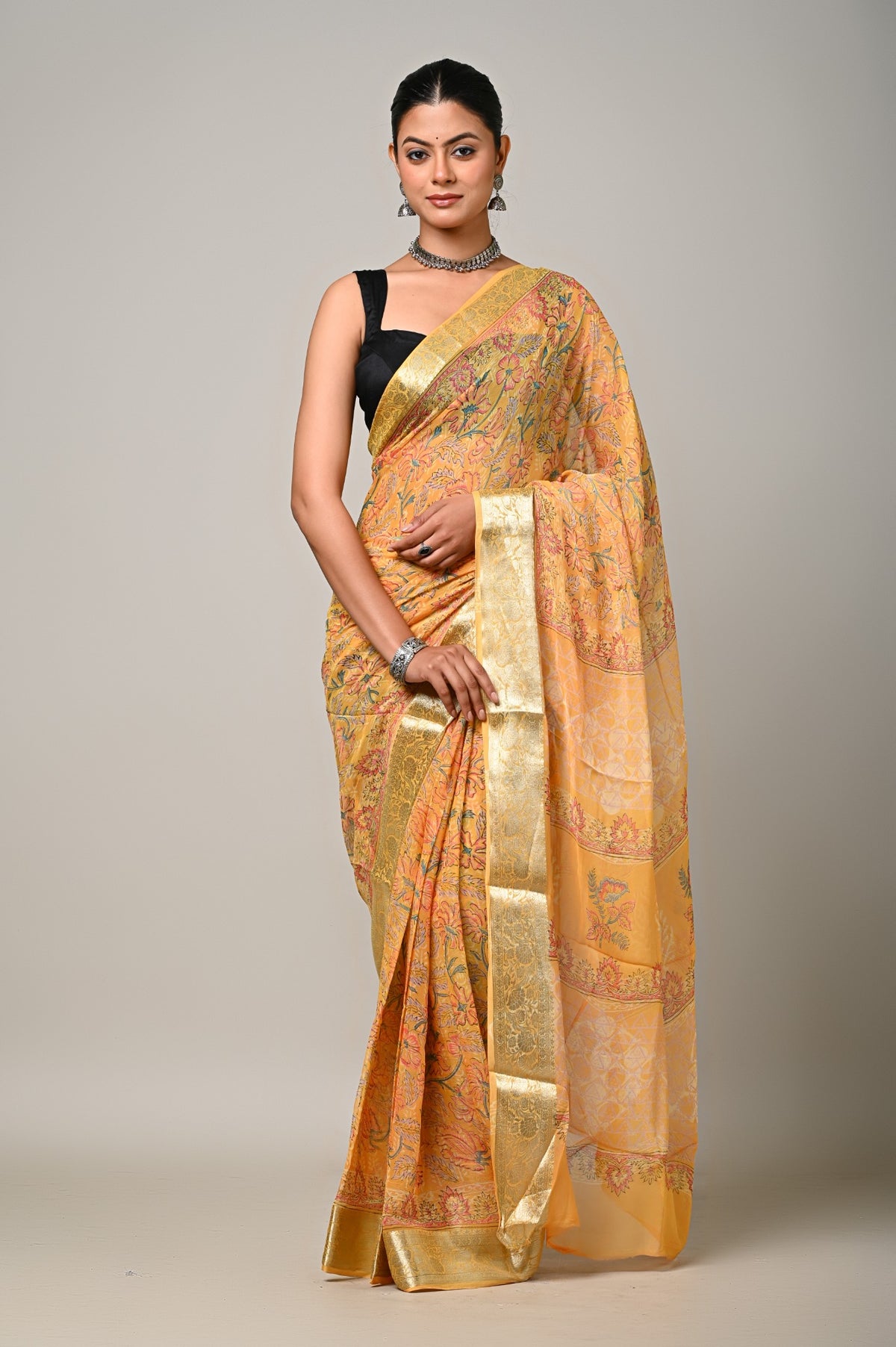 Sunlit Gulmohar mustard yellow printed chiffon saree front view