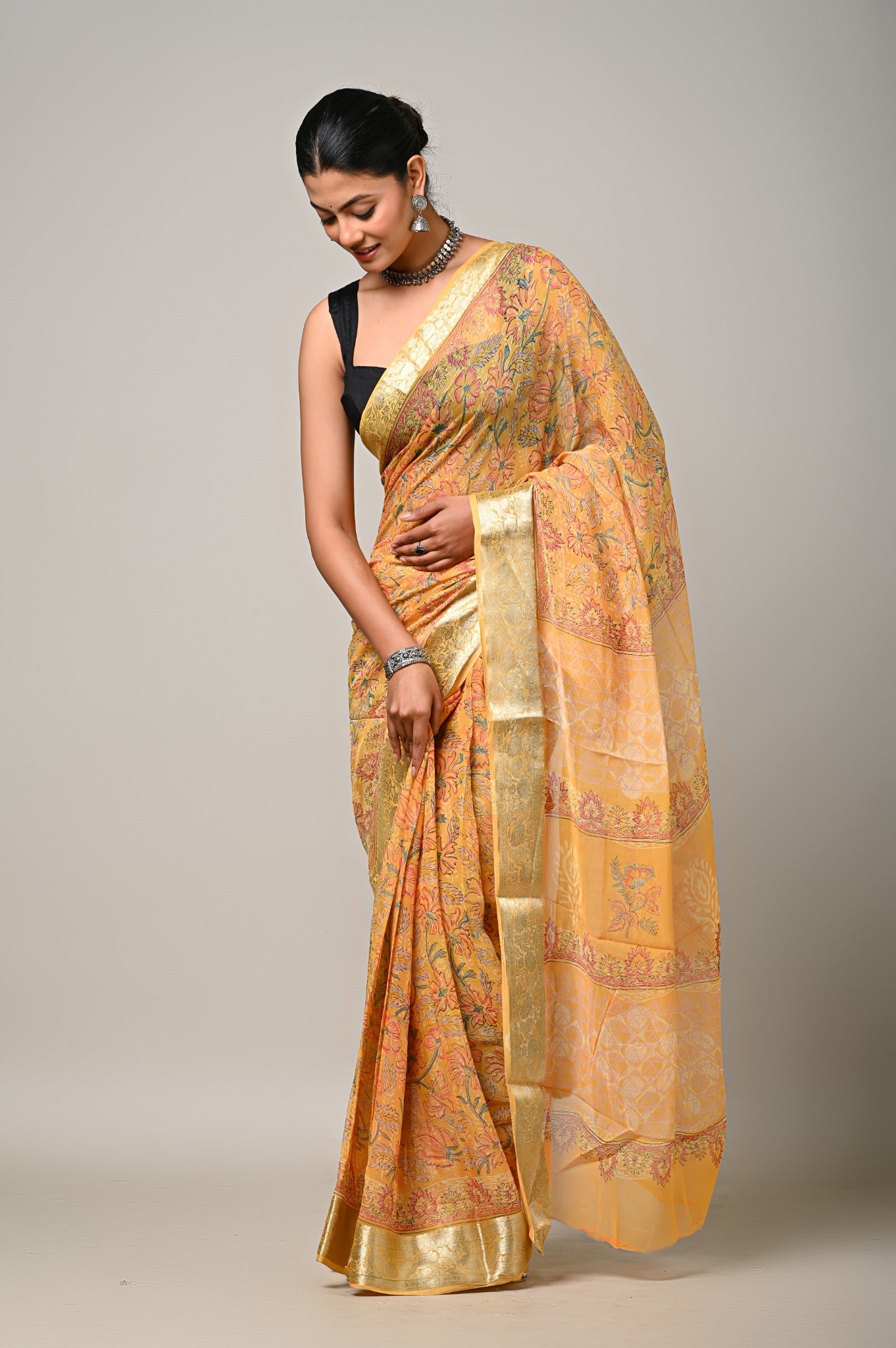 Sunlit Gulmohar printed chiffon saree drape view