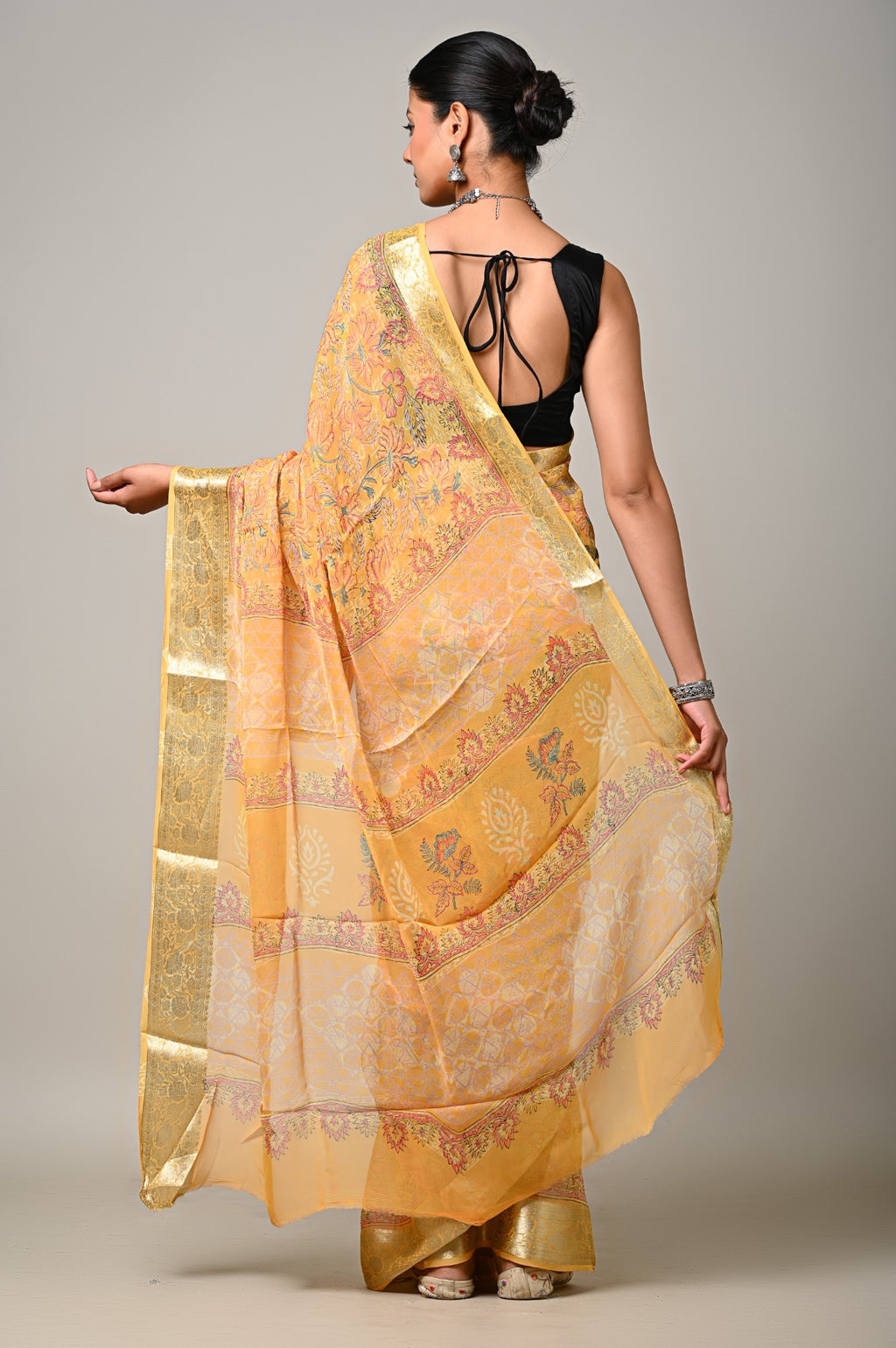 Sunlit Gulmohar mustard yellow chiffon saree full pallu view