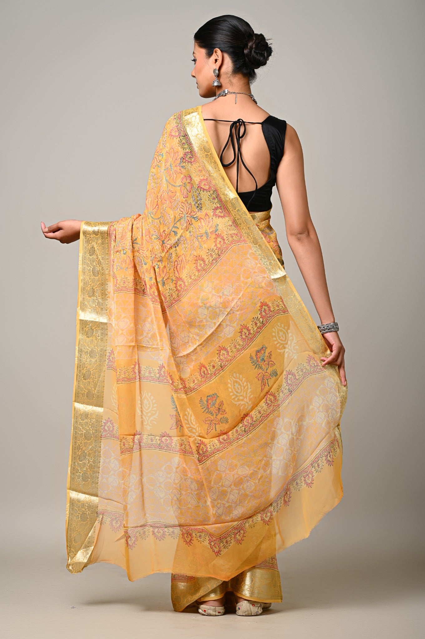 Sunlit Gulmohar mustard yellow chiffon saree full pallu view