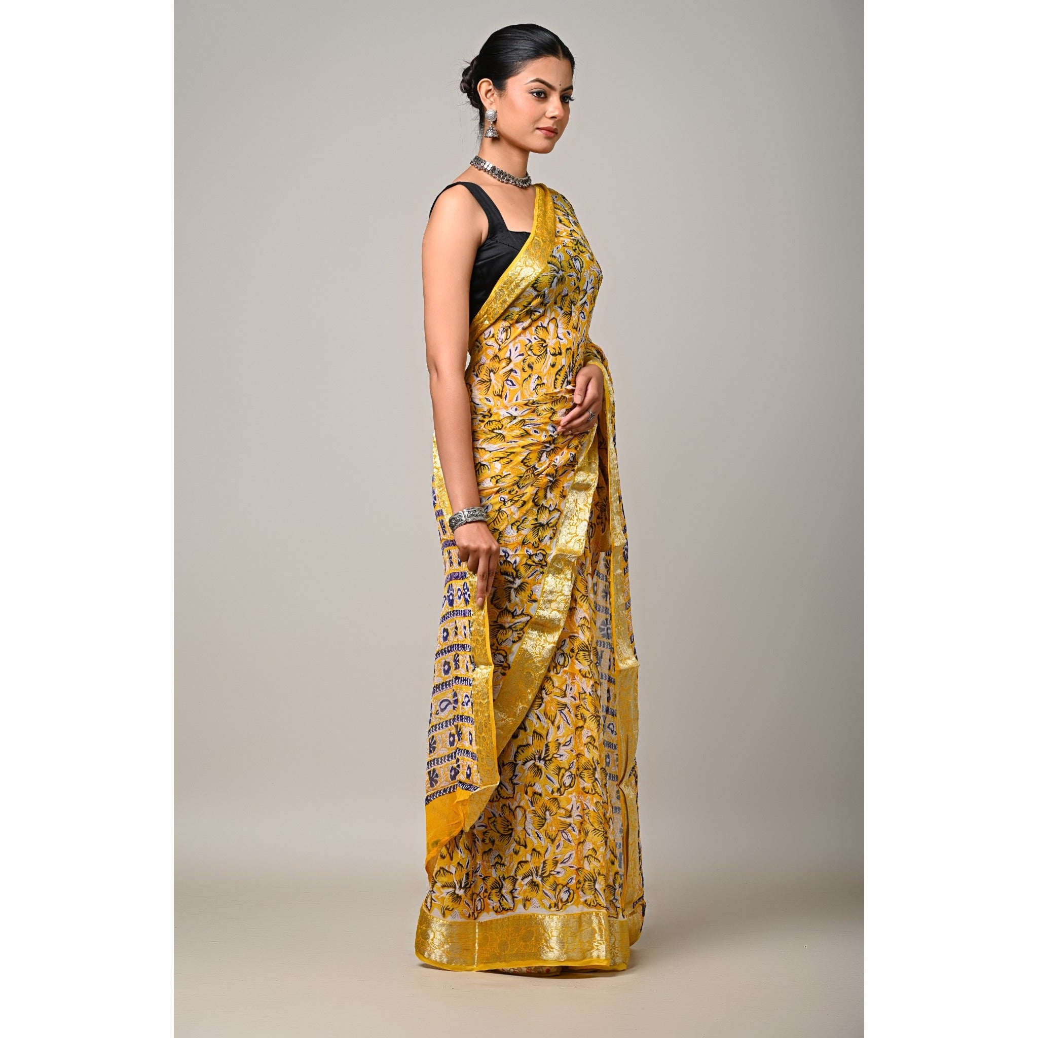 Sunset Bloom viscose chiffon natural handblock printed saree front drape