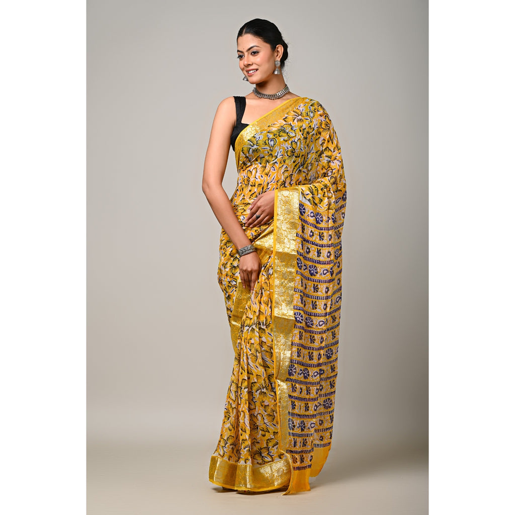 Sunset Bloom viscose chiffon natural handblock printed saree full front view