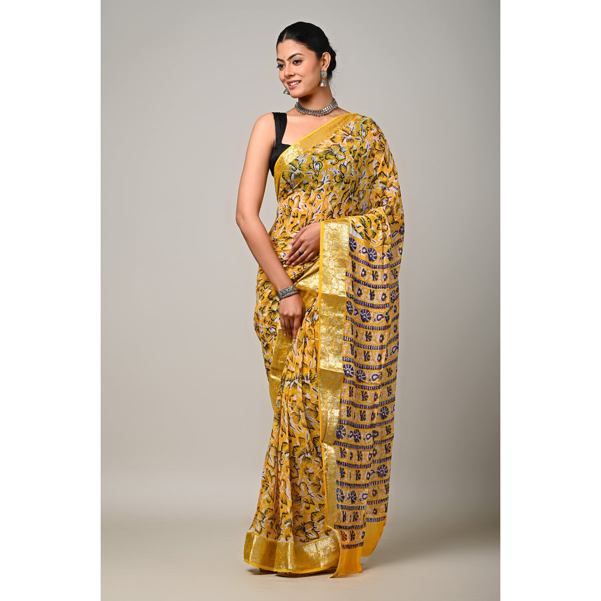 Sunset Bloom viscose chiffon natural handblock printed saree full front view