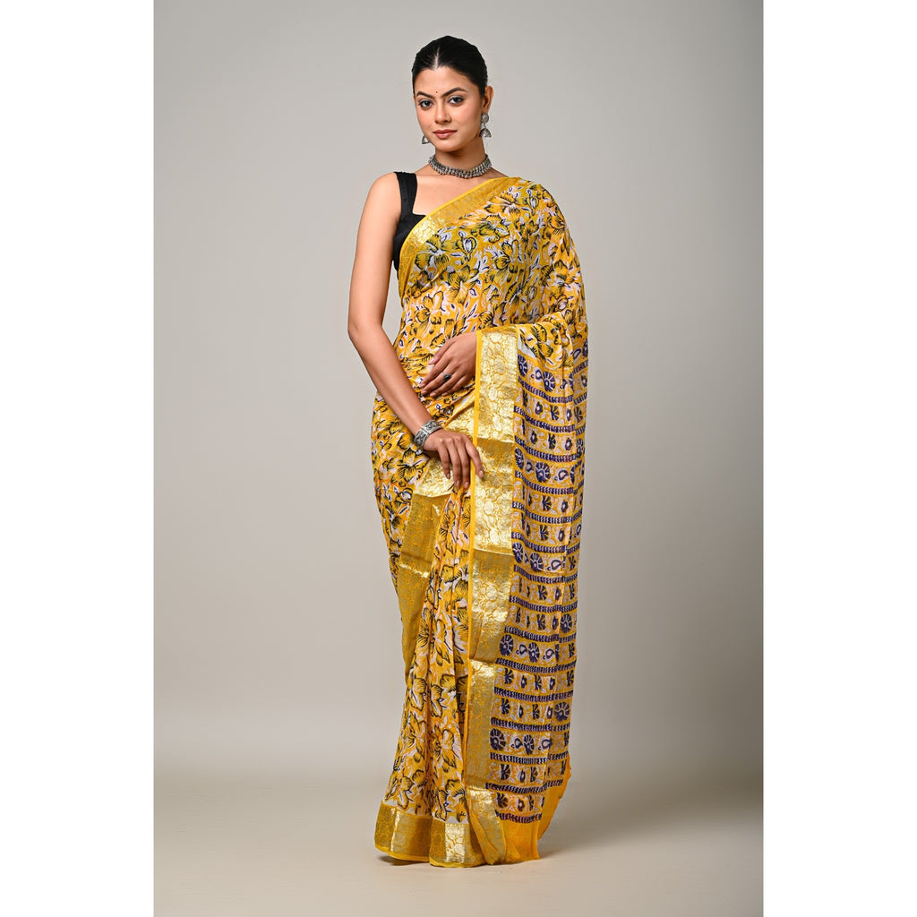 Sunset Bloom viscose chiffon natural handblock printed saree full length view