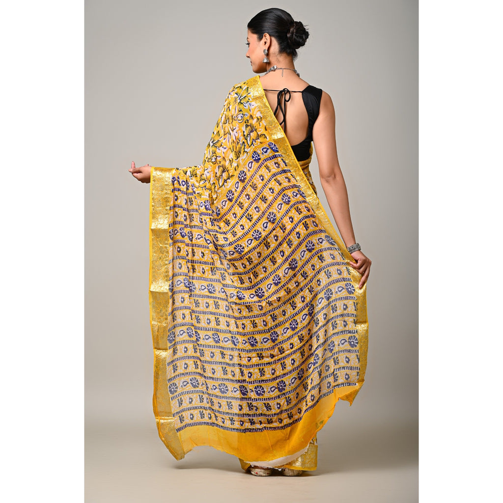 Sunset Bloom viscose chiffon natural handblock printed saree pallu back view