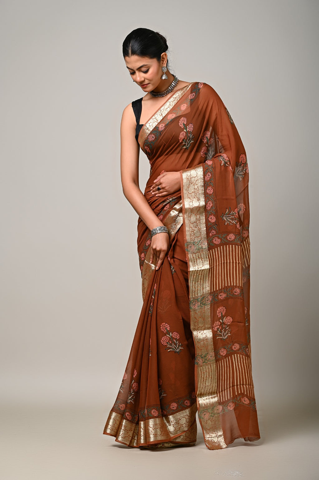 Rust brown handblock chiffon saree full drape