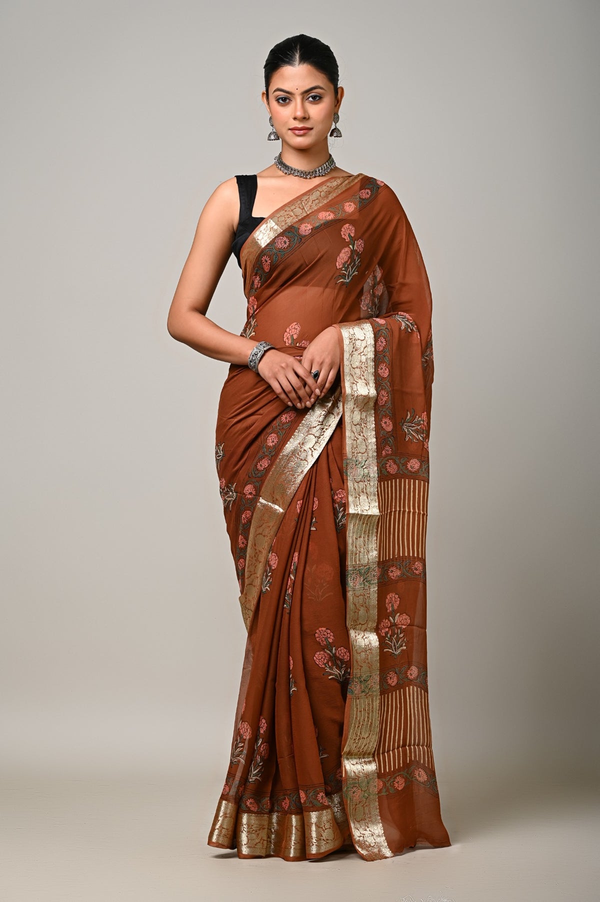 Full front view rust brown floral handblock printed chiffon saree