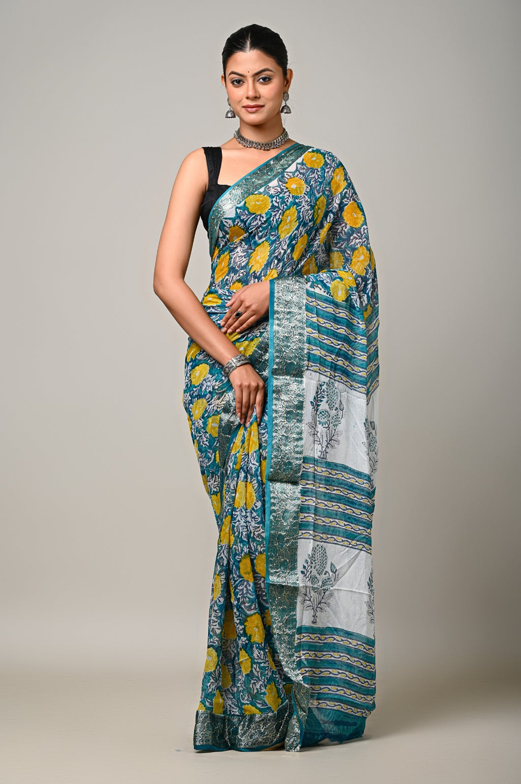 Teal Gul teal mustard handblock printed chiffon saree front view