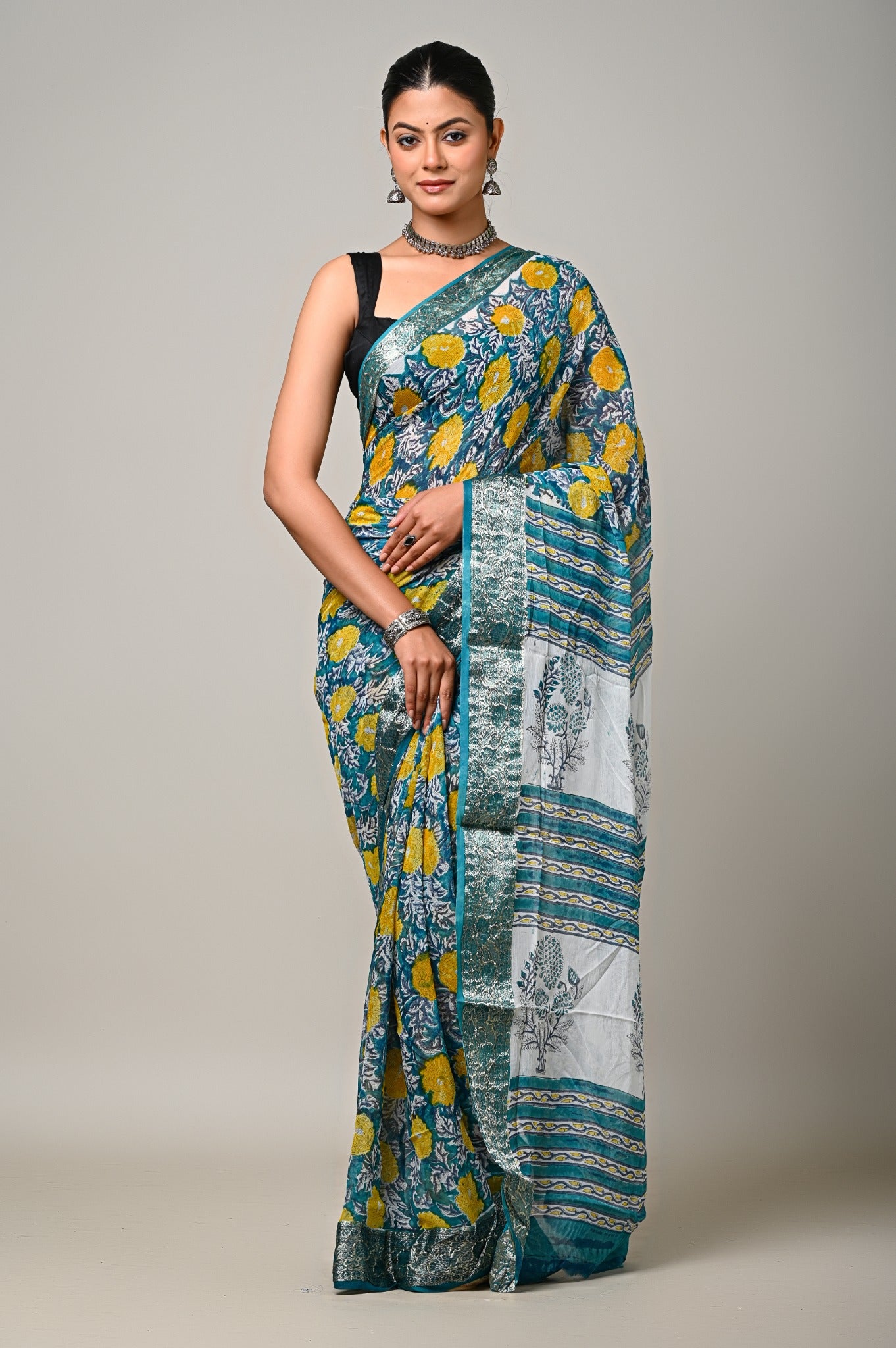 Teal Gul teal mustard handblock printed chiffon saree front view