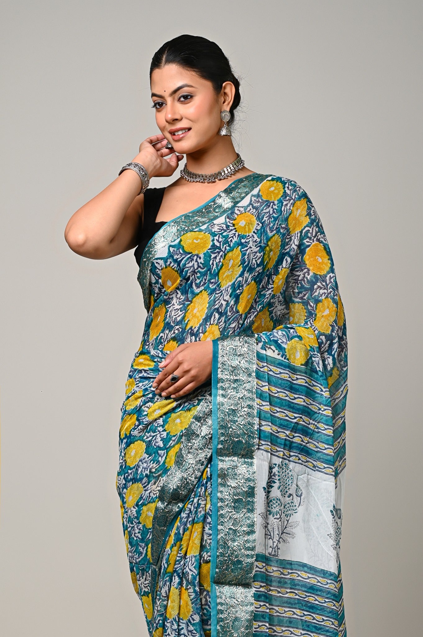Teal Gul teal mustard chiffon saree close view