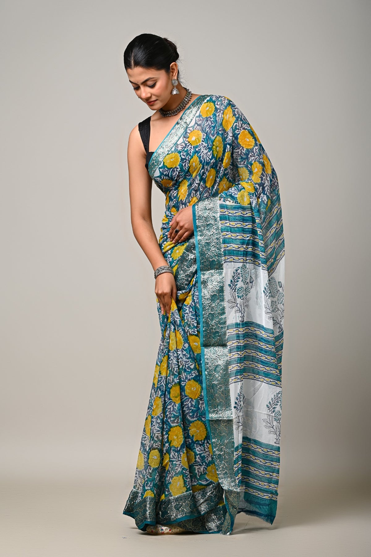 Teal Gul handblock printed chiffon saree drape and pallu view