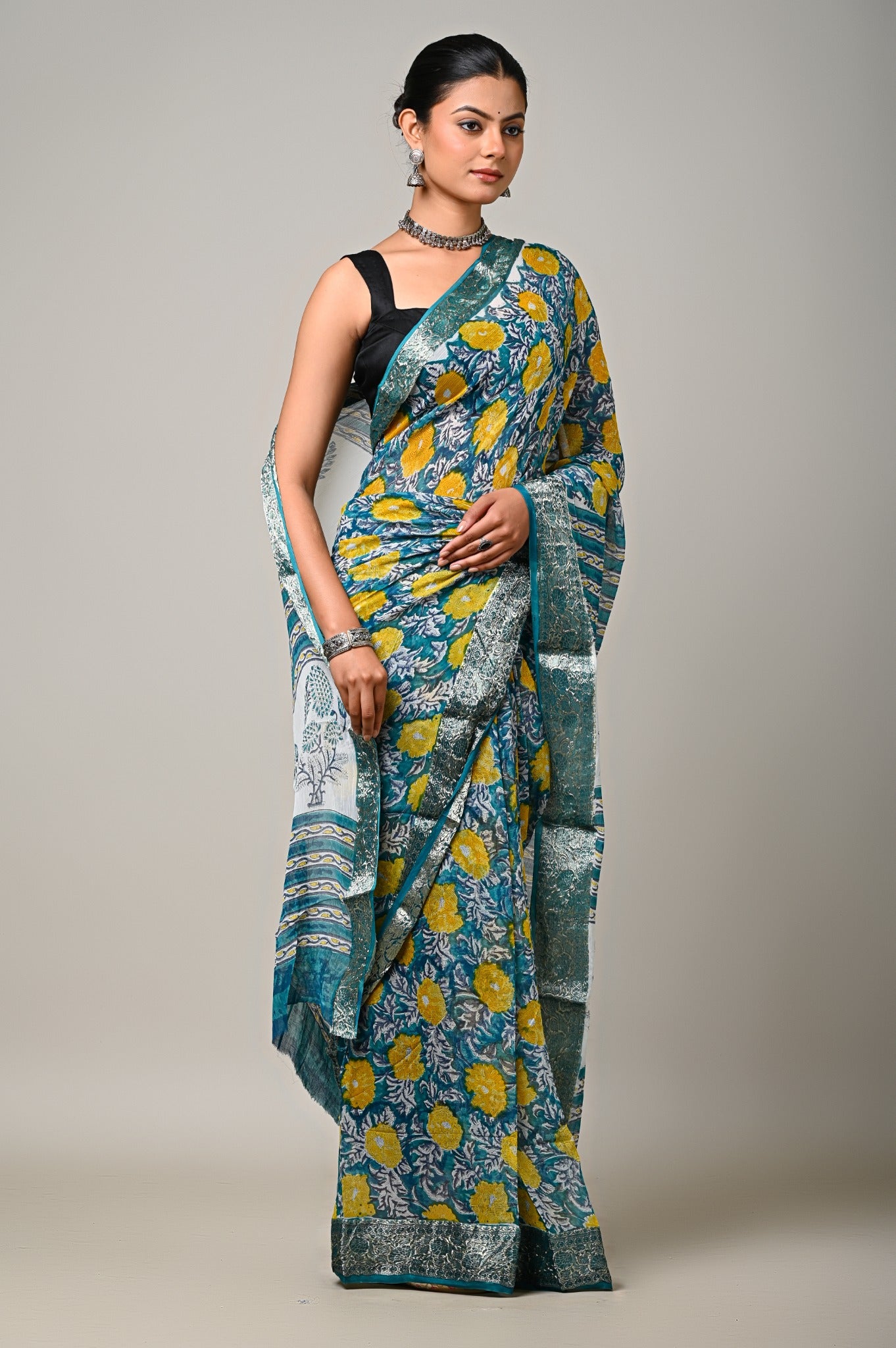 Teal Gul teal mustard chiffon saree full length view with zari border